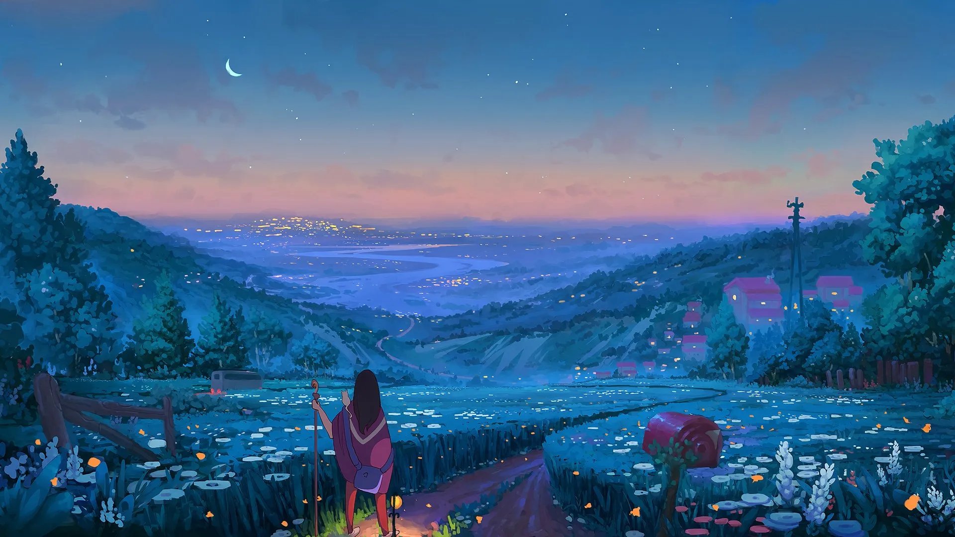 女人 晚上 草 月亮 树 路 AI艺术 电脑壁纸 4K壁纸
