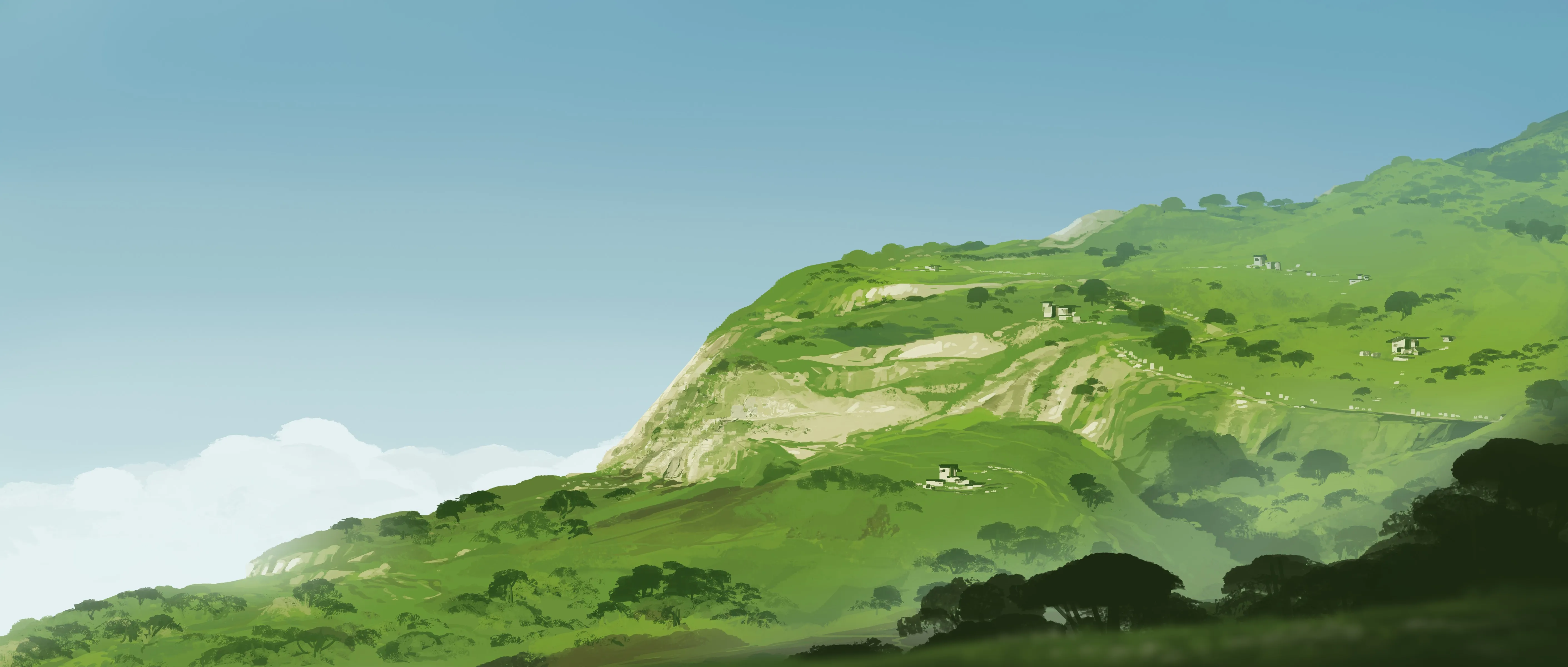 超宽 宽屏 插图 数字 绘画 风景 房屋 山脉 自然 树木 天空 绿色 云 4K壁纸