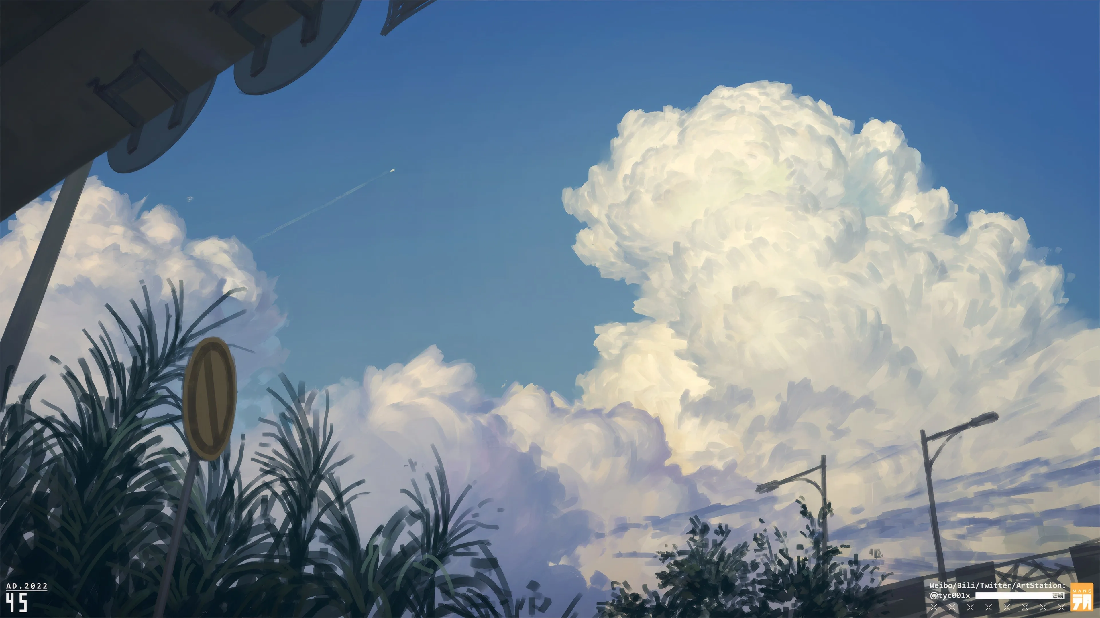 云路 灯 路标 天空 树叶 4K壁纸