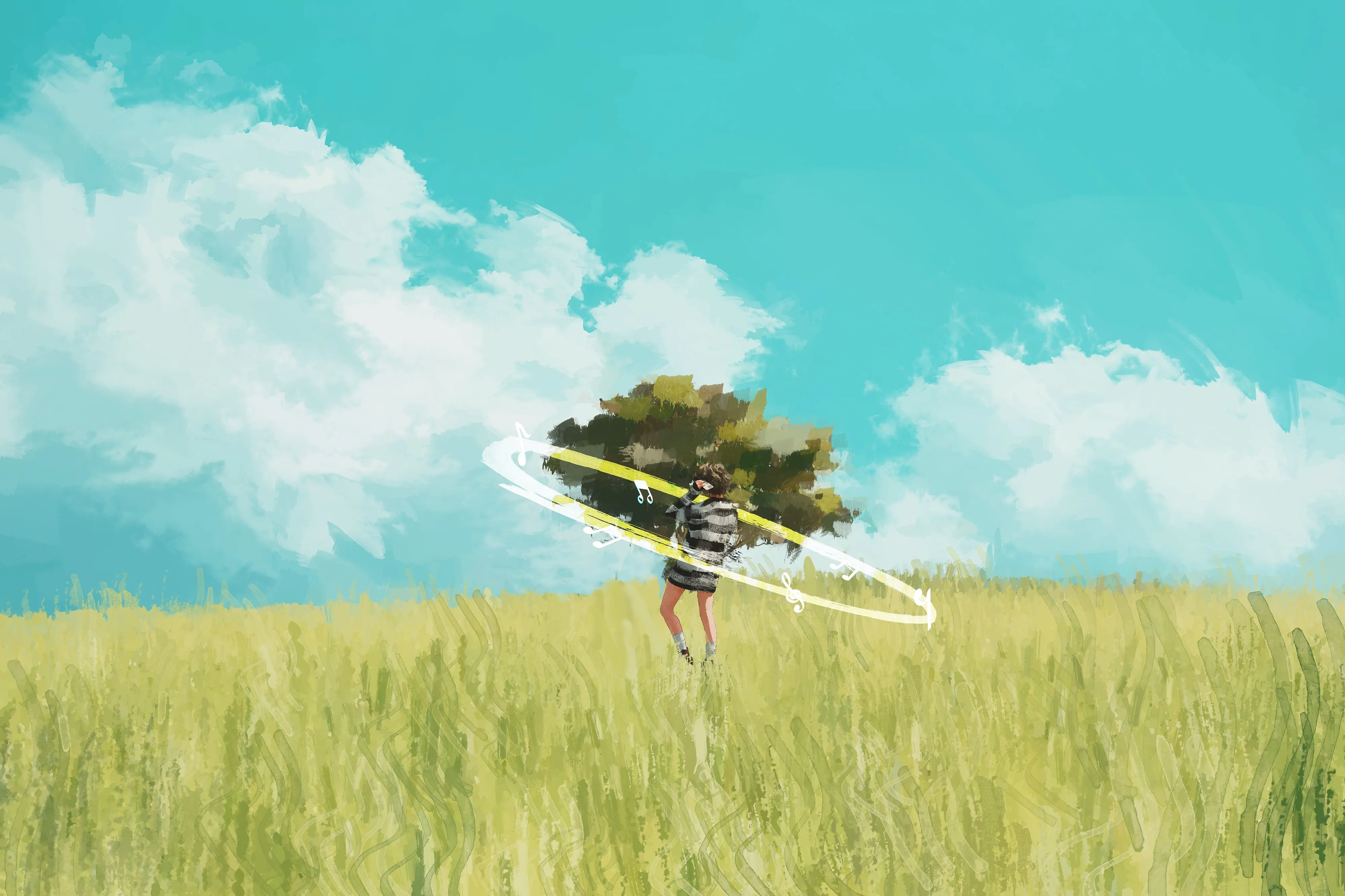 插画 风景 云 树木 音乐 播放器 音乐符号草 孤独 4K壁纸