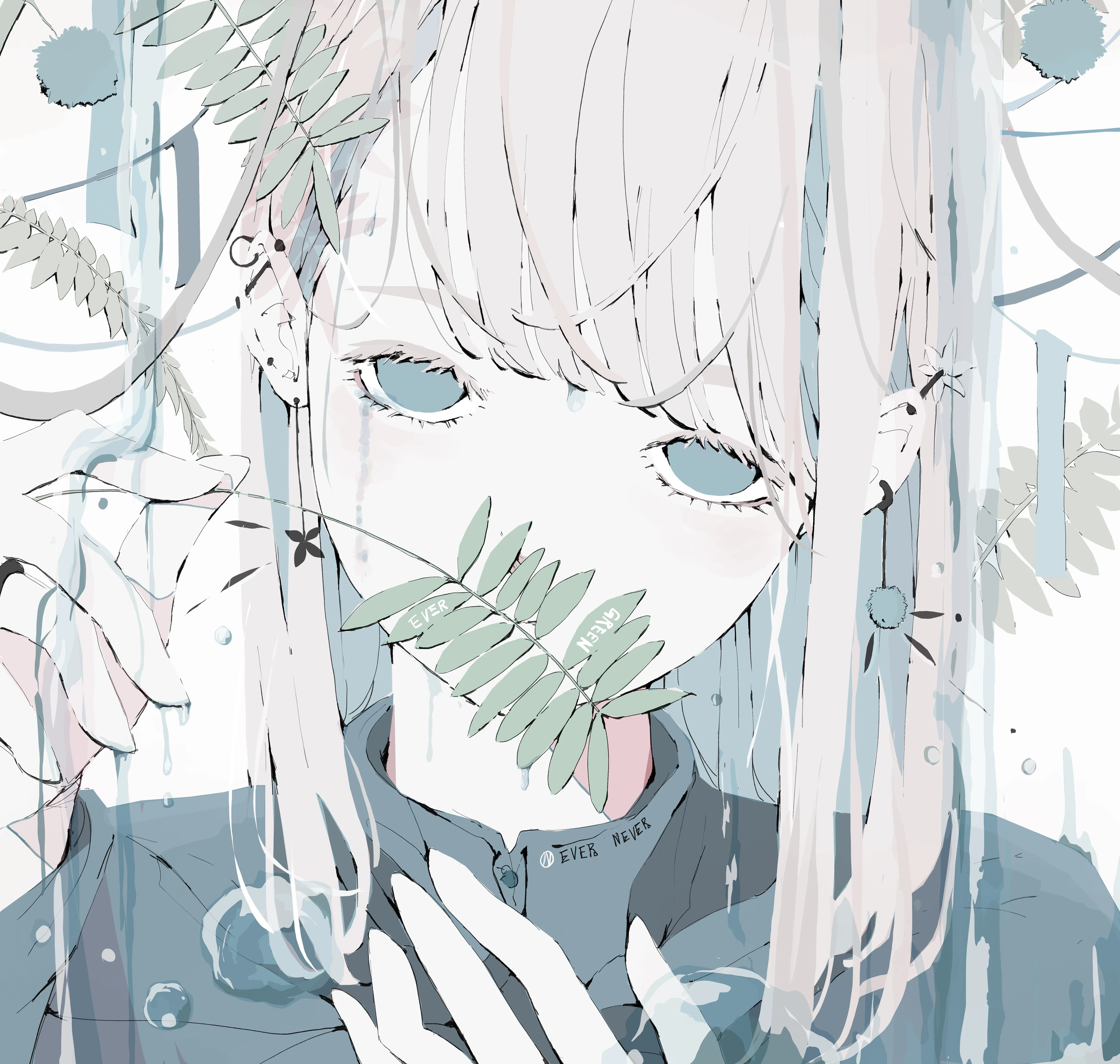 长发 动漫 动漫女孩 树叶 水 水滴 电脑壁纸 4K壁纸