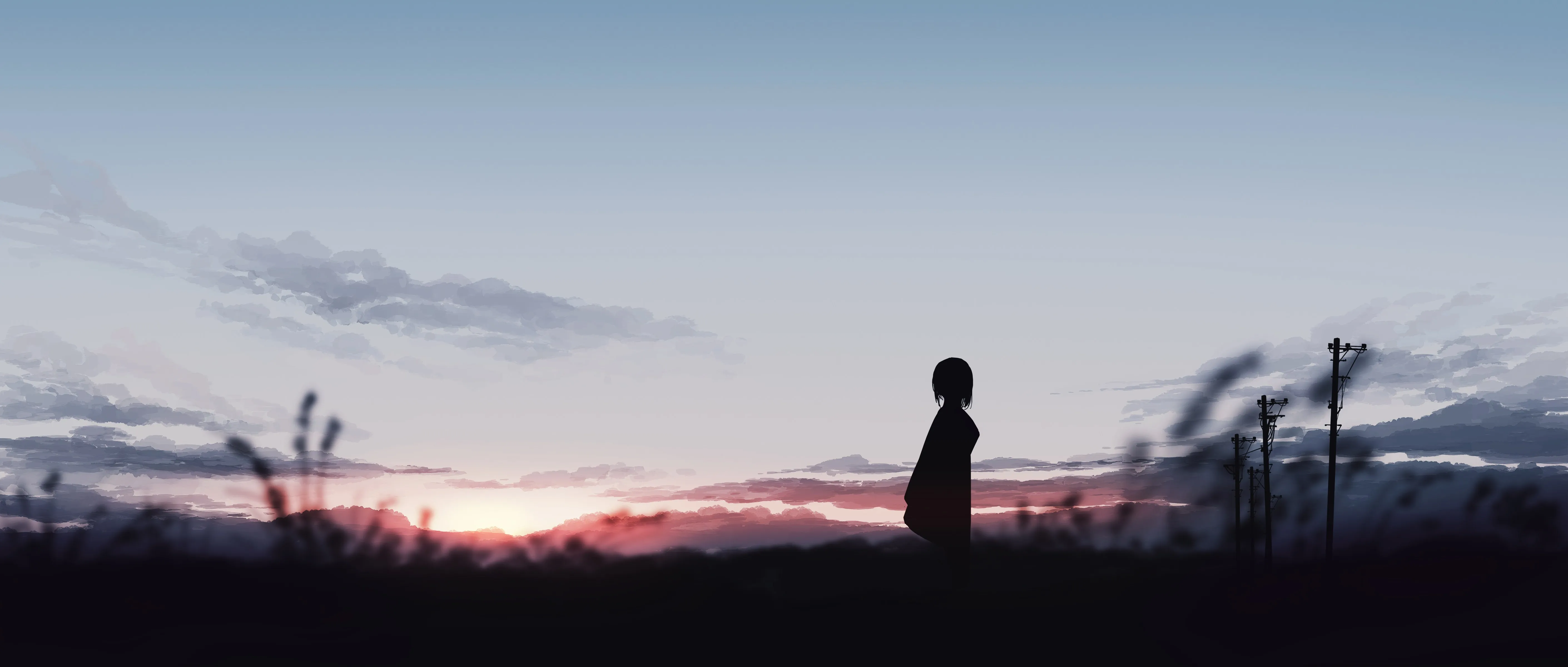 飘逸 短发 站立 数字艺术 艺术品 剪影 动漫女孩 日落 夕阳 阳光 云 天空 动漫 电脑壁纸 4K壁纸