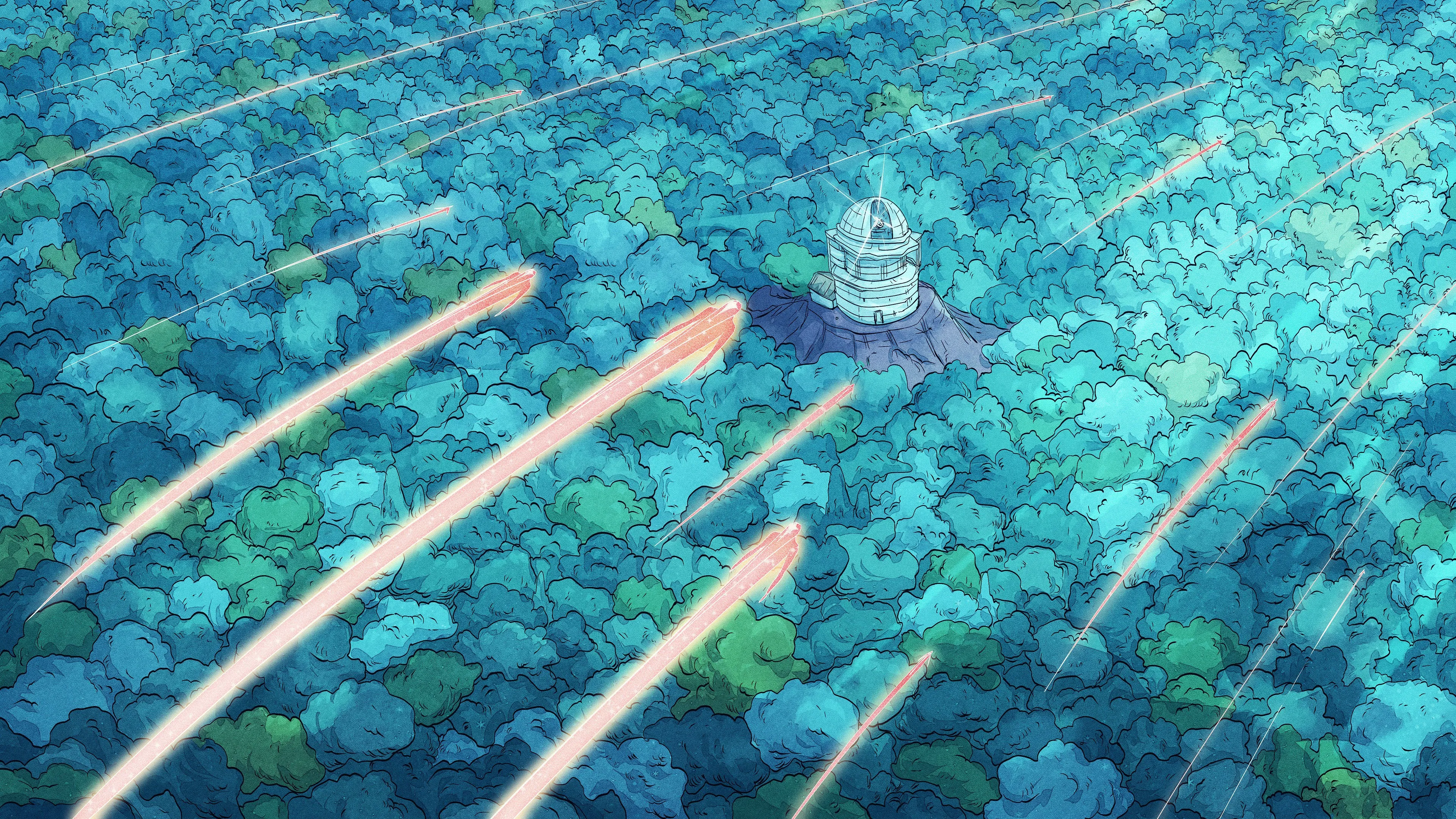 AI艺术 奇幻艺术 森林 天文台 望远镜 流星 青色 电脑壁纸 4K壁纸