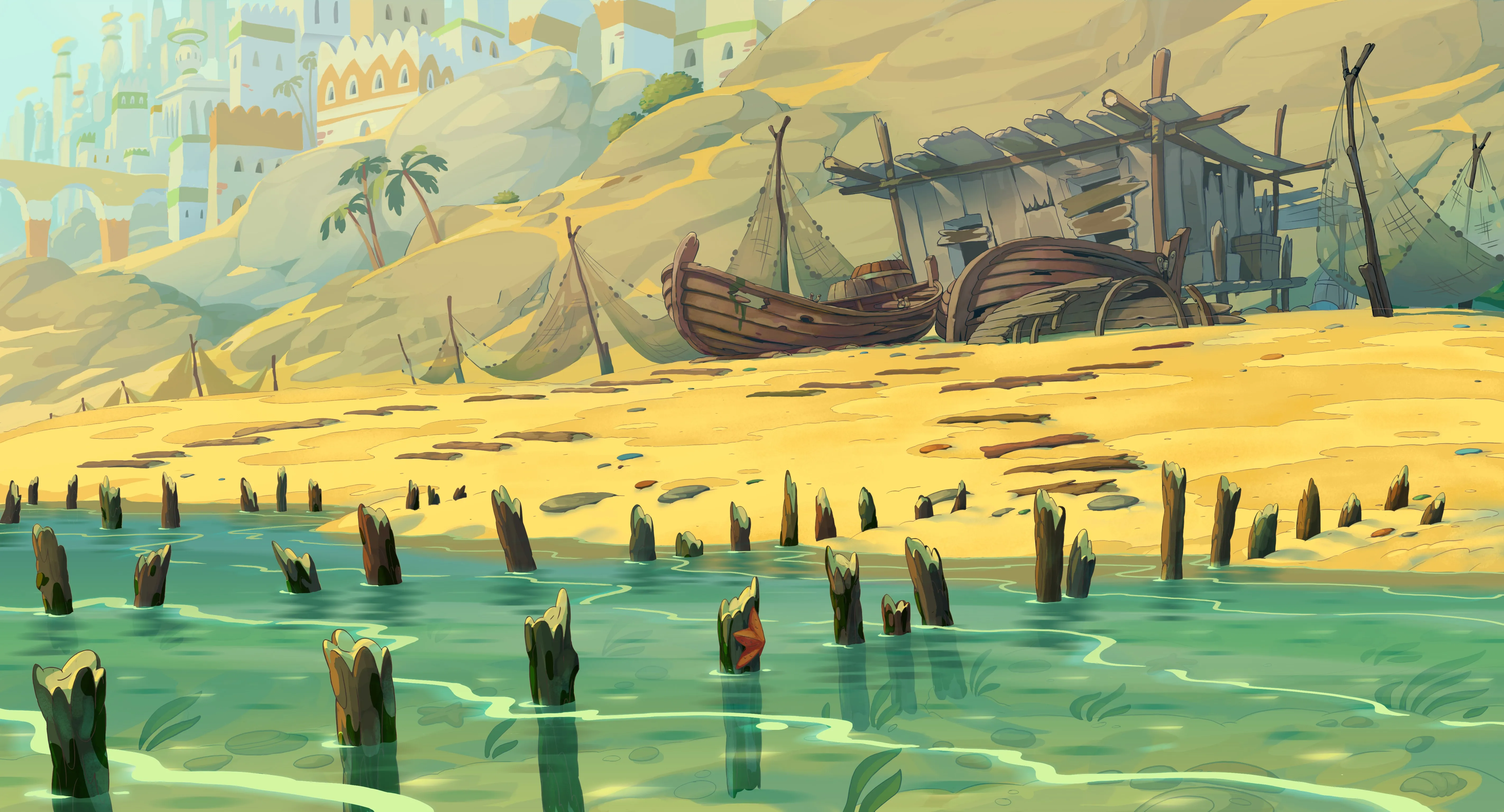 风景 AI艺术 幻觉 海岸 船 沙 水 幻城 电脑壁纸 4K壁纸