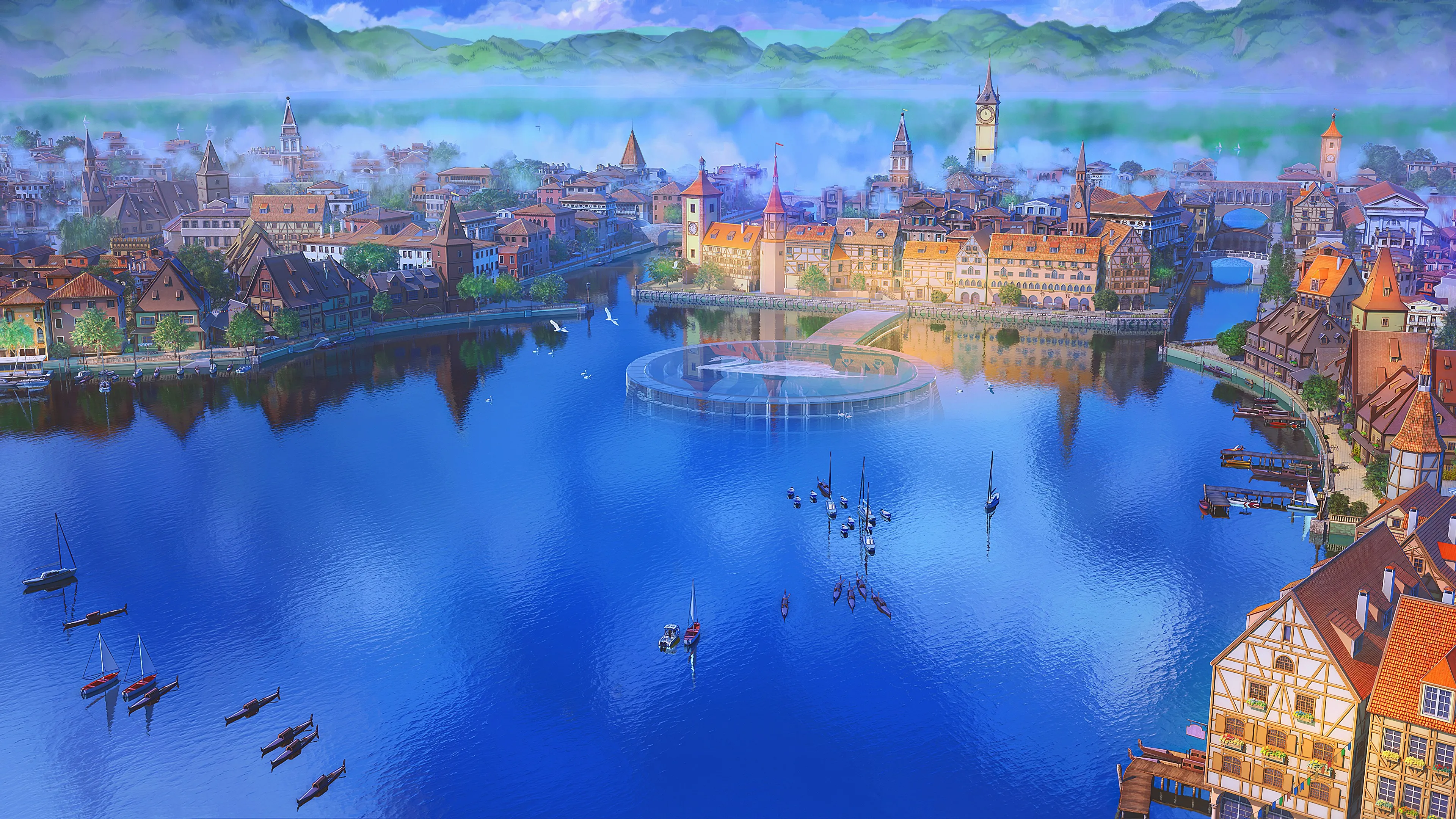 奇幻艺术 AI艺术 湖泊 城市 城镇 日光 水域 港口 船只 电脑壁纸 4K壁纸