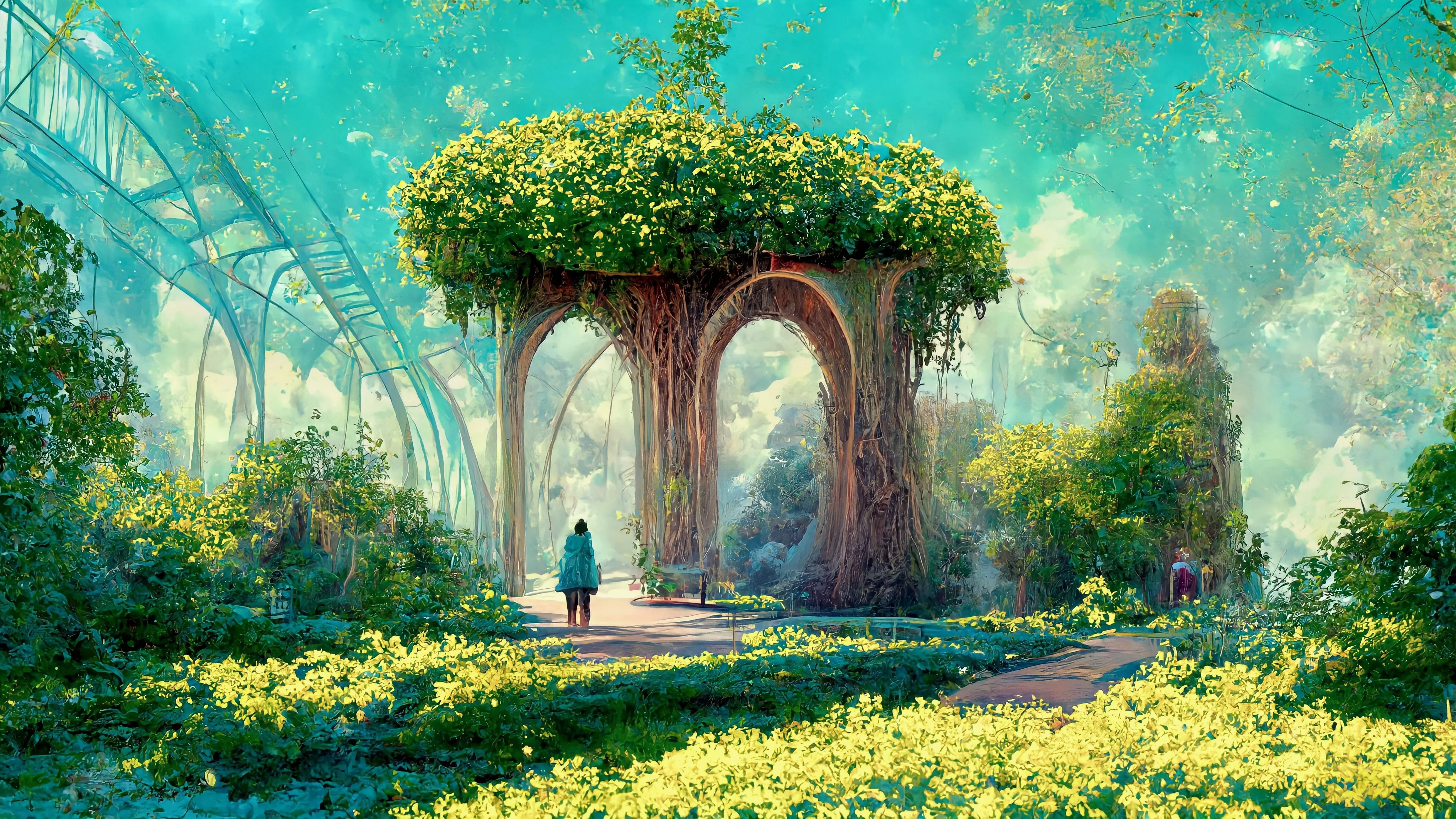 植物 自然 花园 穹顶 花卉 结构 树木 灌木 人工智能艺术 4K壁纸