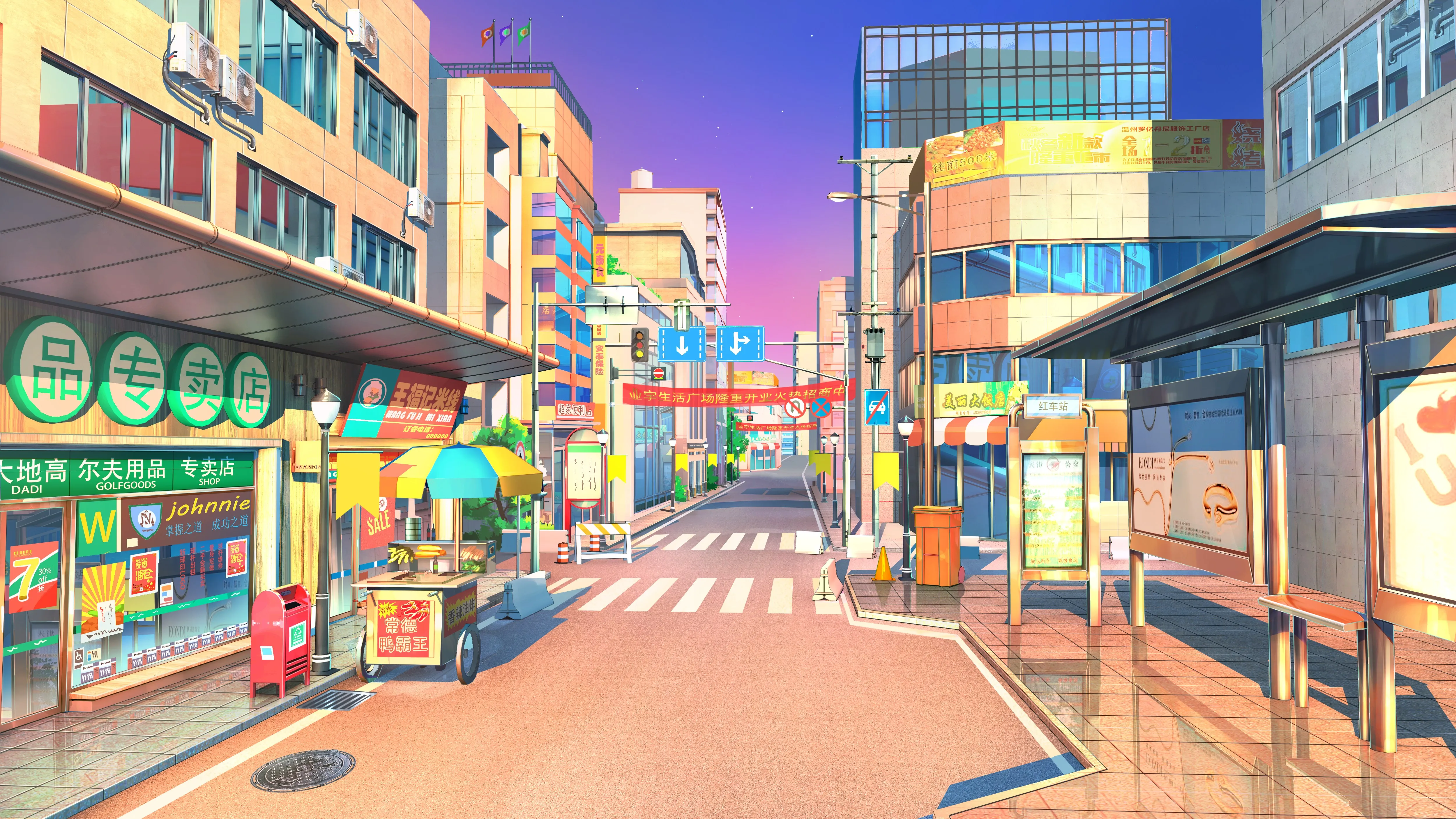 AI艺术 街道 道路 建筑 商店 日落 4K壁纸