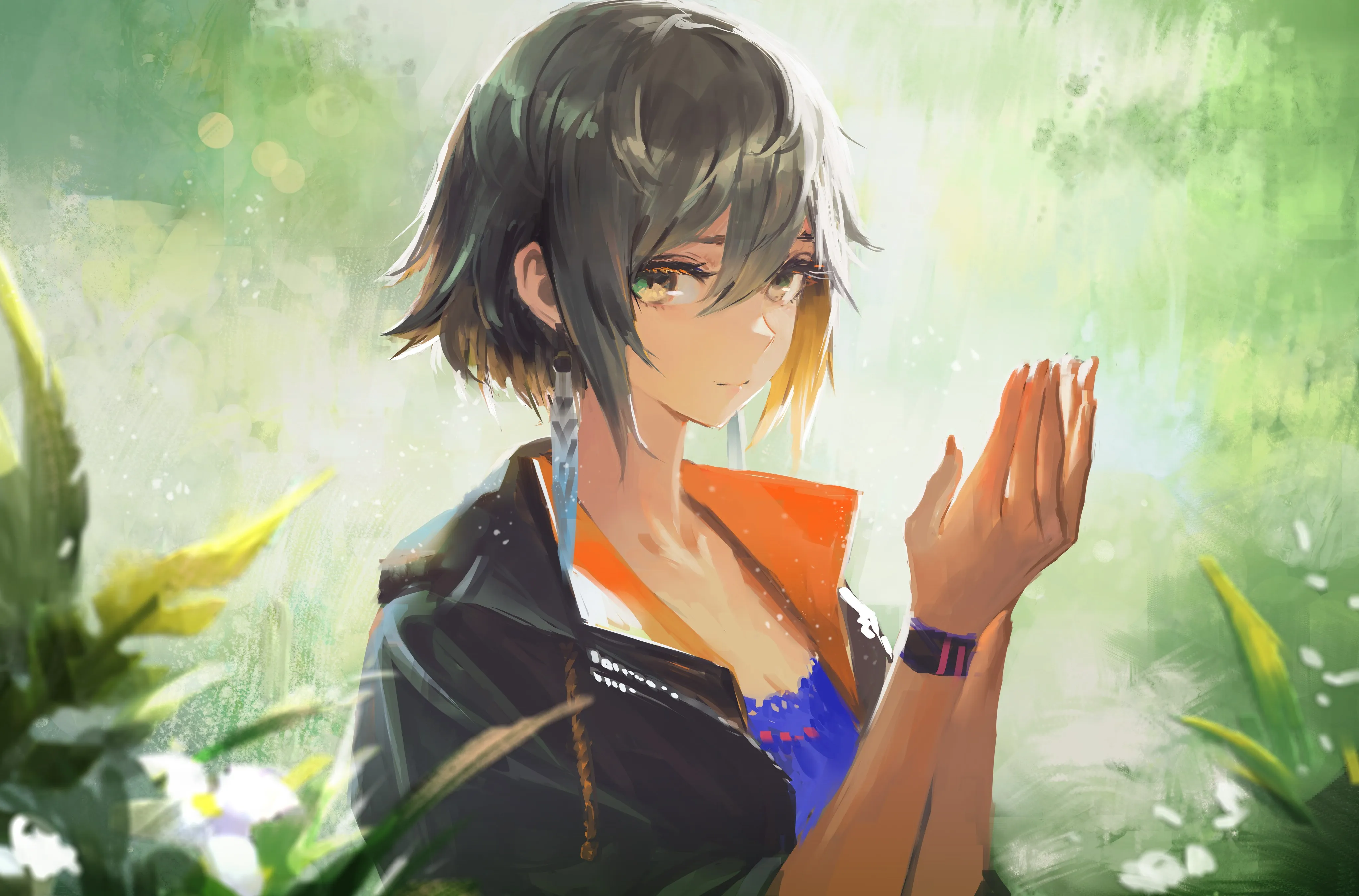 短发 动漫 动漫女孩 耳环 4K壁纸