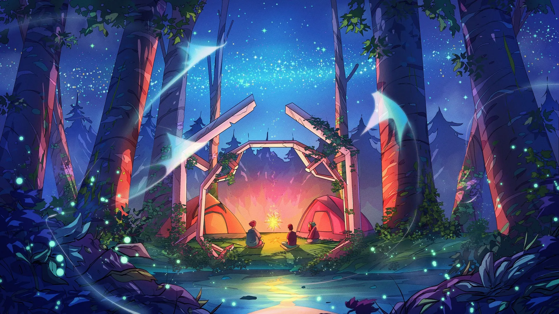 克里斯蒂安·贝纳维德斯 AI艺术 奇幻艺术 螳螂 森林 露营 帐篷 星星 夜晚 拱门
