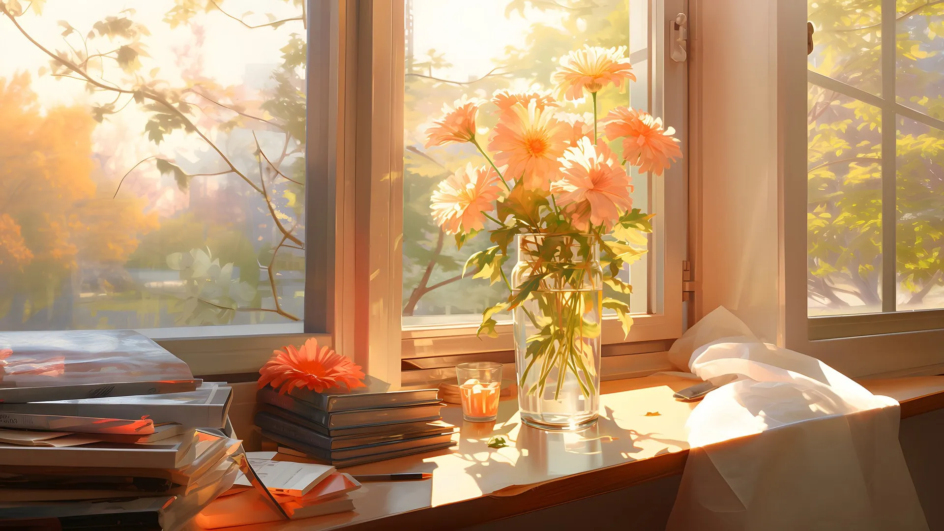 阳光 花园 书籍 鲜花 窗台 艺术