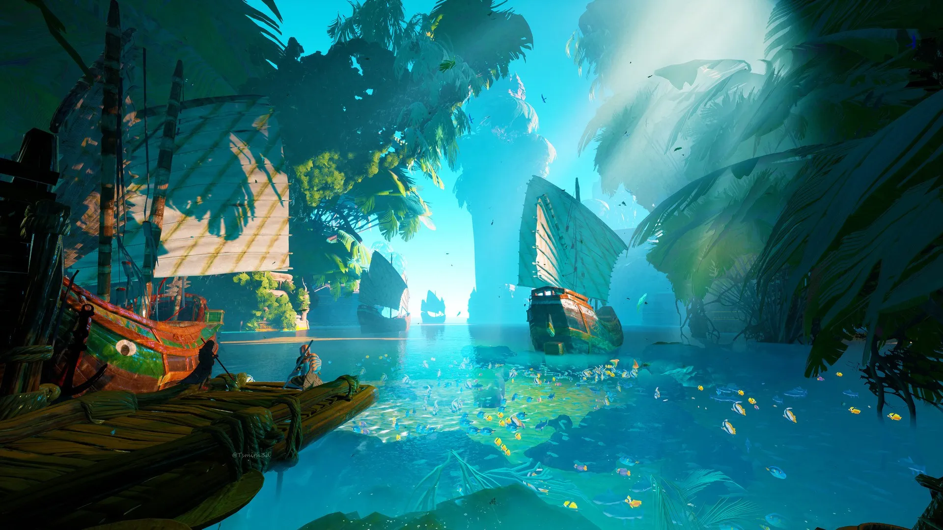 泰勒·史密斯 AI艺术 热带 港口 印度尼西亚 船 船 码头 鱼 热带鱼 青色