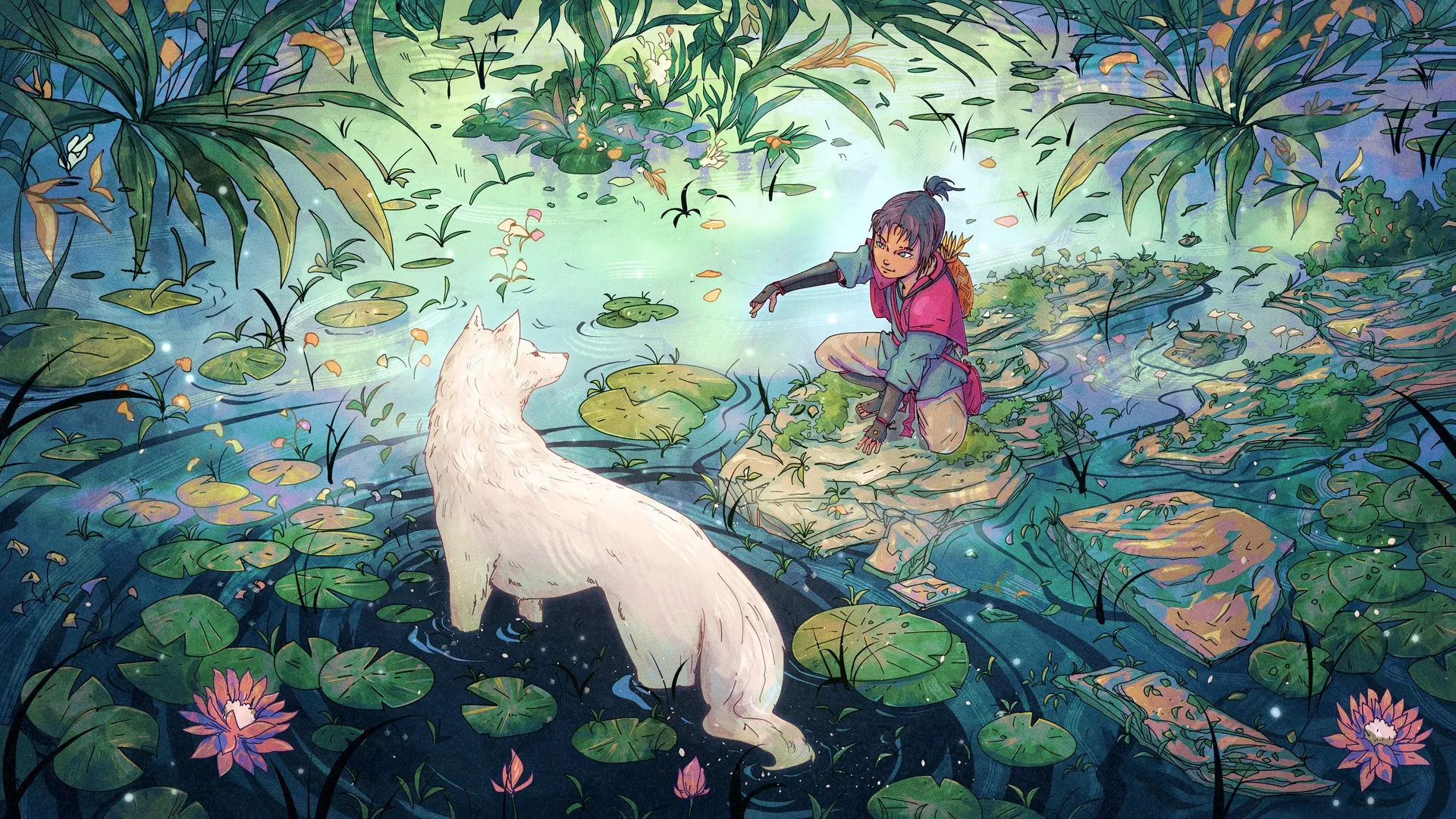 克里斯蒂安·贝纳维德斯 AI艺术 奇幻艺术 狼 睡莲 河流 水 动物 花 自然