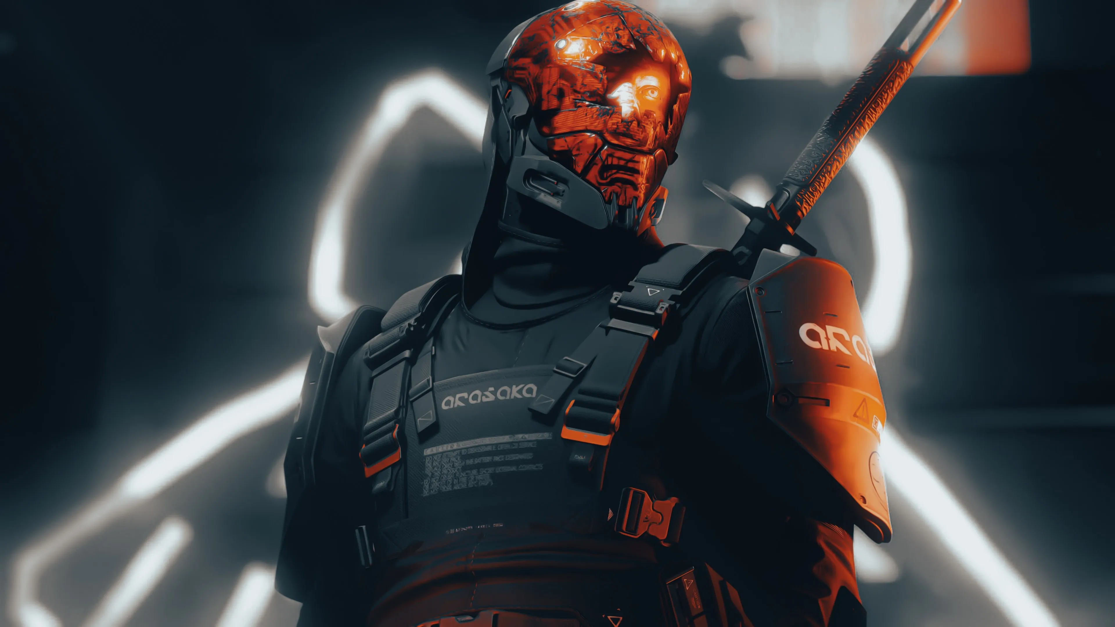 虚构 人物 战士 剑客 士兵 赛博朋克 科幻 小说 未来派 CGI 黑色 套装 霓虹灯 服装 面具 头盔 盔甲 电影 紧身衣 4K壁纸