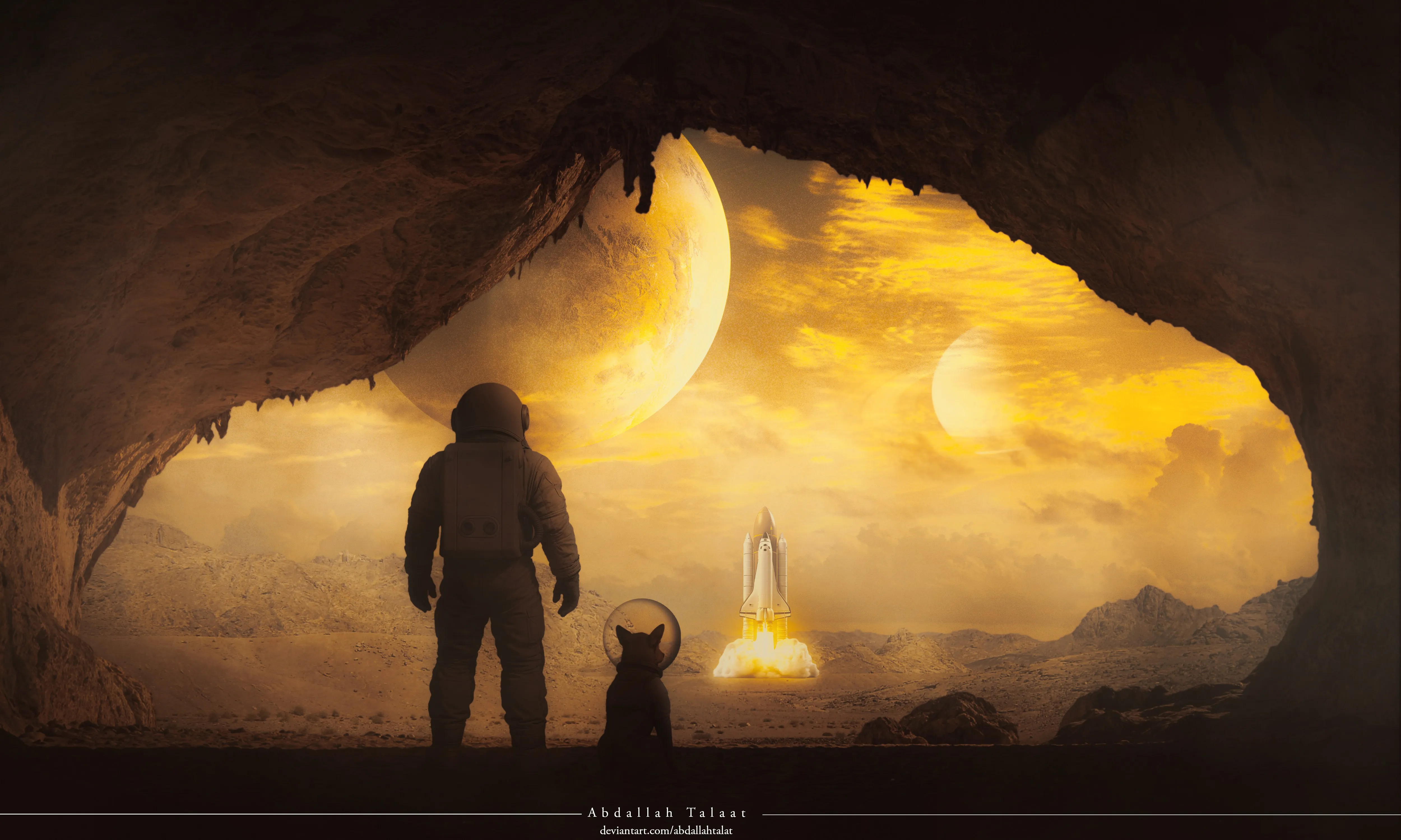 宇航员 太空 火箭 发射 狗耳朵 洞穴 外星 日落 电影 科幻 小说 游戏 风景 幻想岛 4K壁纸