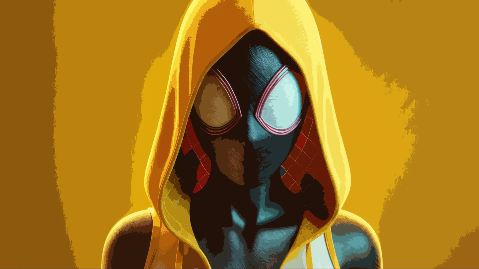 女性 蜘蛛女 蜘蛛侠 兜帽 斗篷 角色 CGI 简单背景 黄色 兜帽 黄色背景 极简主义 特写 4K壁纸