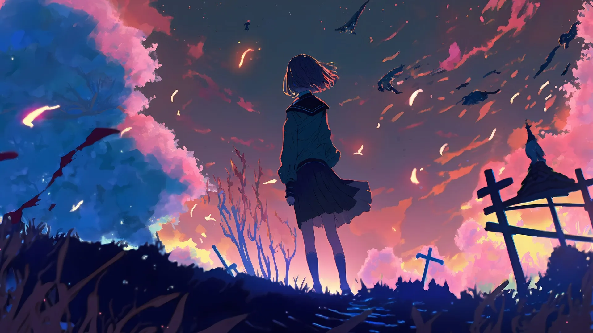 女学生 森林 十字架 云 天空 草 电脑壁纸 4K壁纸