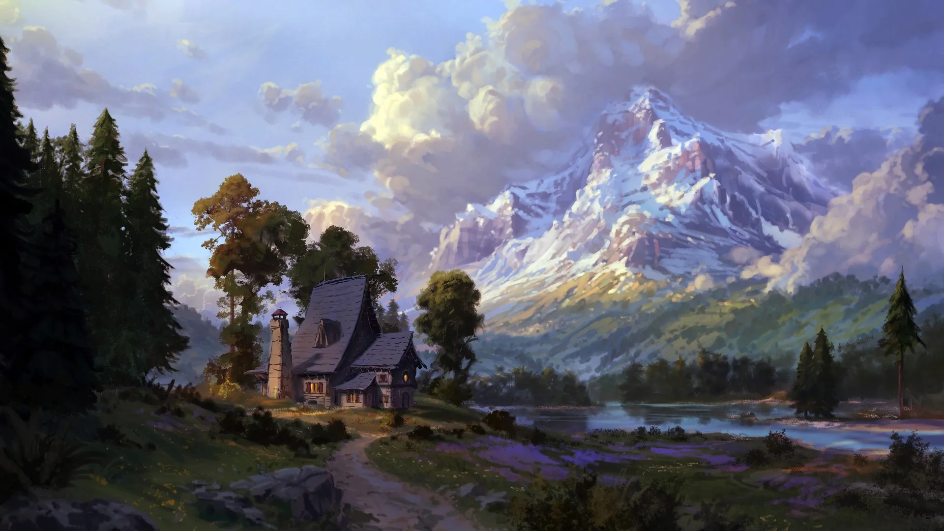 AI艺术 自然 树木 房屋 山 云 电脑壁纸 4K壁纸