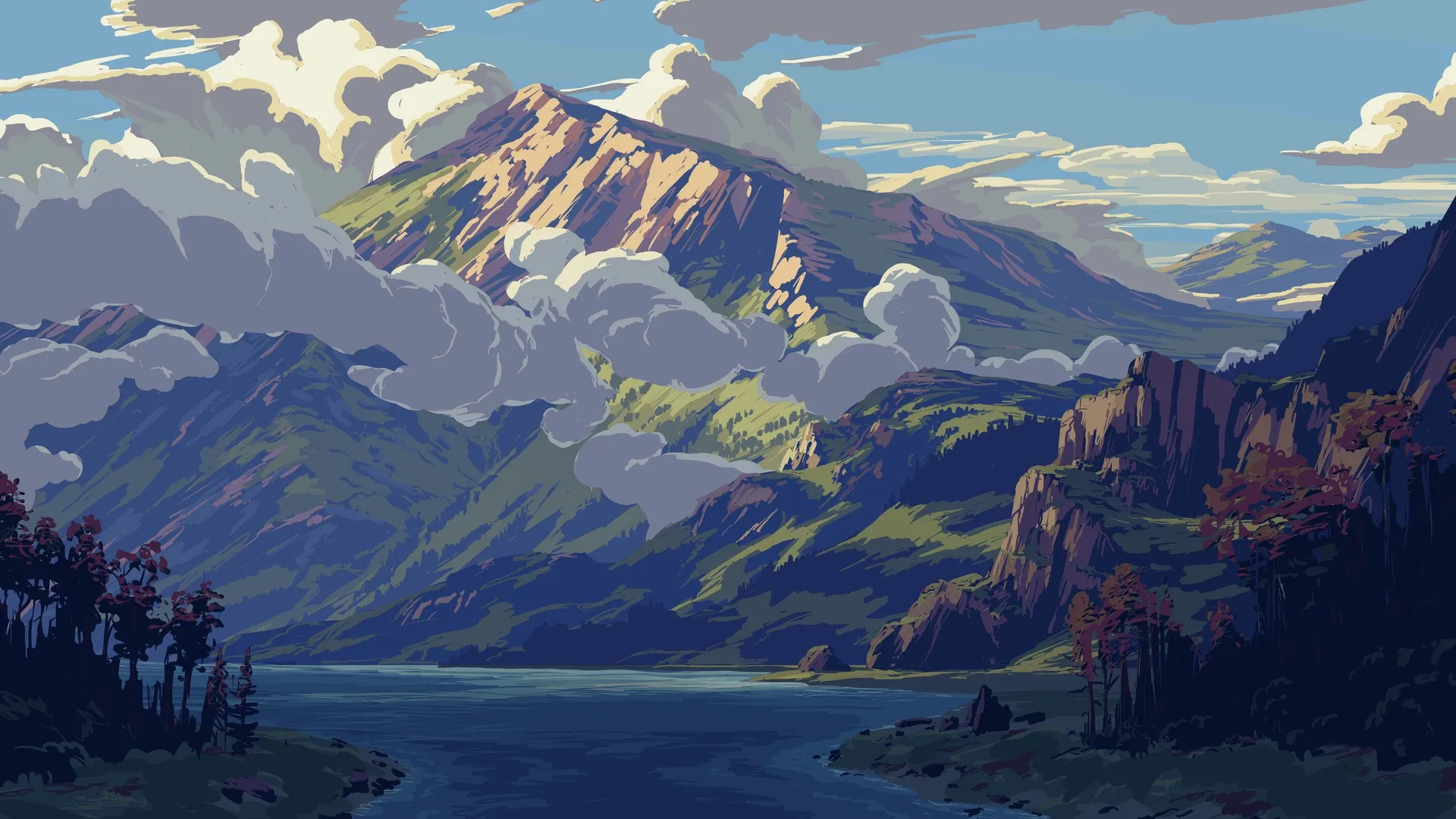 AI艺术 自然 树木 山脉 云 水 电脑壁纸 4K壁纸