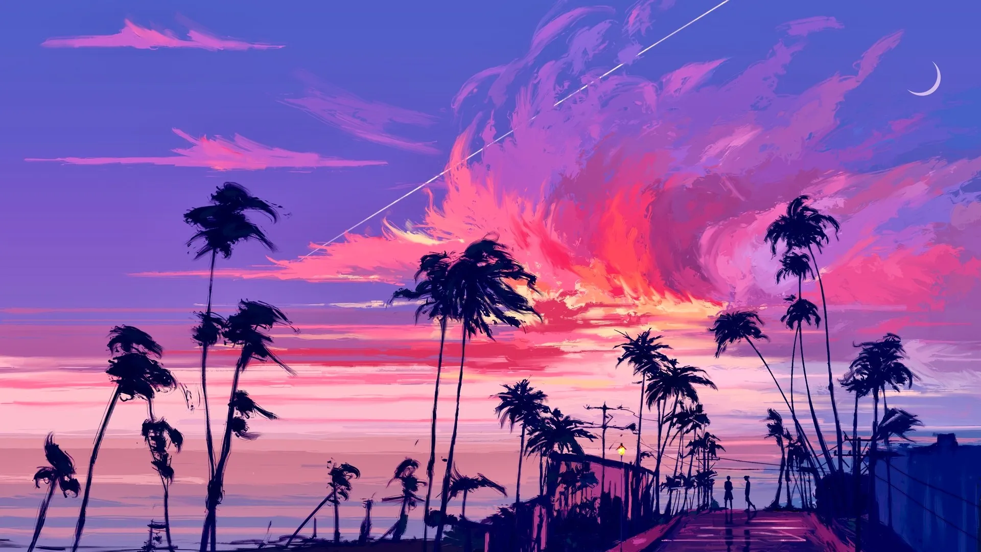棕榈树 太阳 云 海滩 数码绘画 绘画 数码艺术 电脑壁纸 4K壁纸
