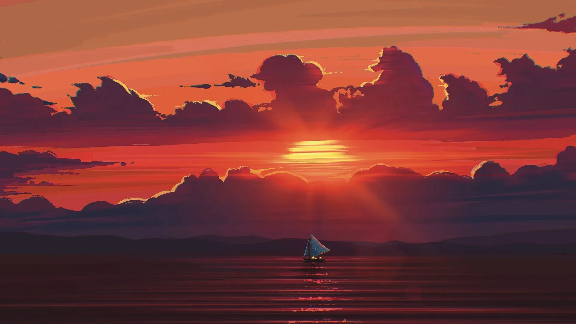 风景 日落 海 水 云 太阳 船 帆船 山 天空 阳光 电脑壁纸 4K壁纸