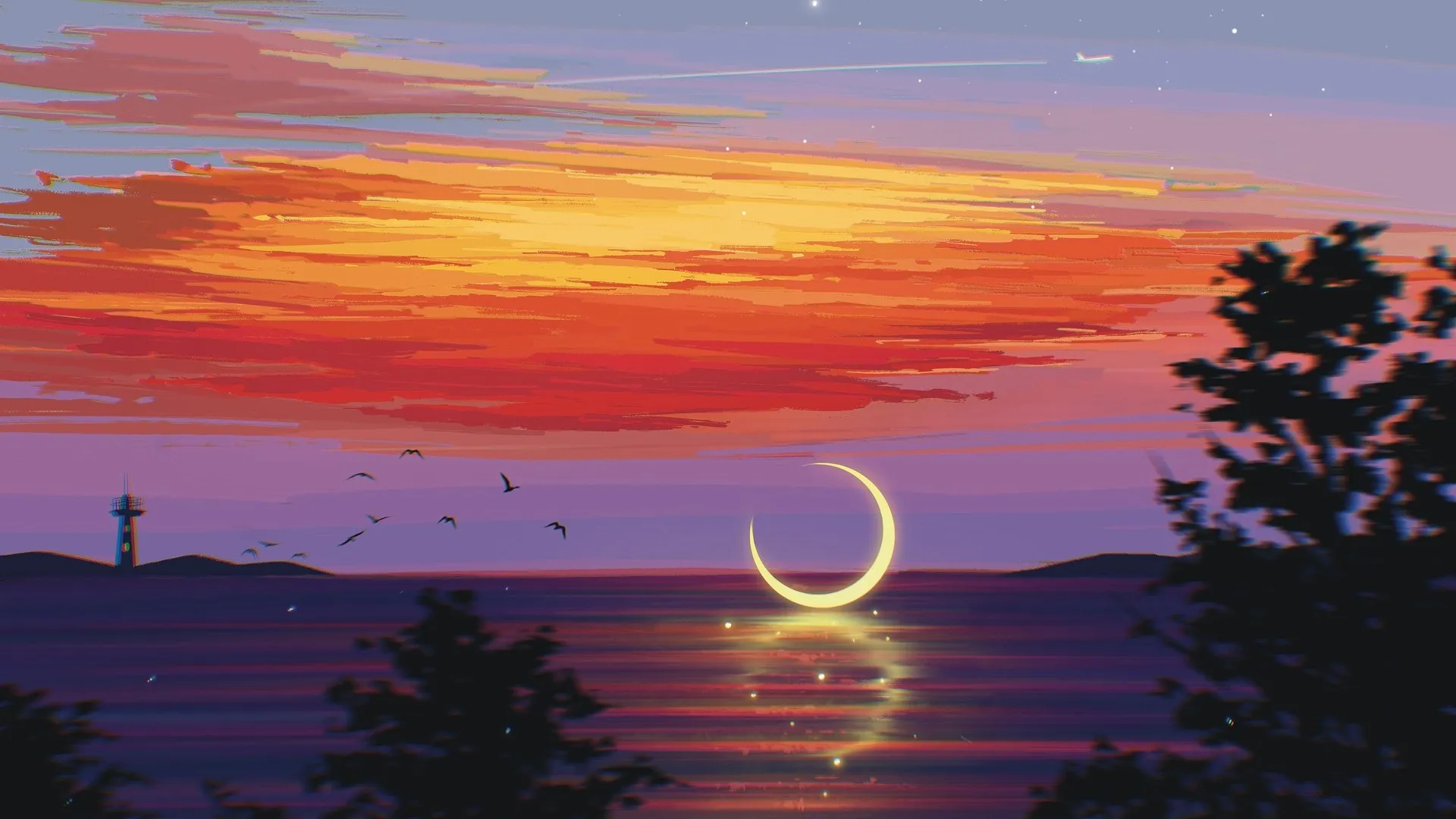 海 水 云 月亮 鸟 树 日落 飞机 灯塔 电脑壁纸 4K壁纸