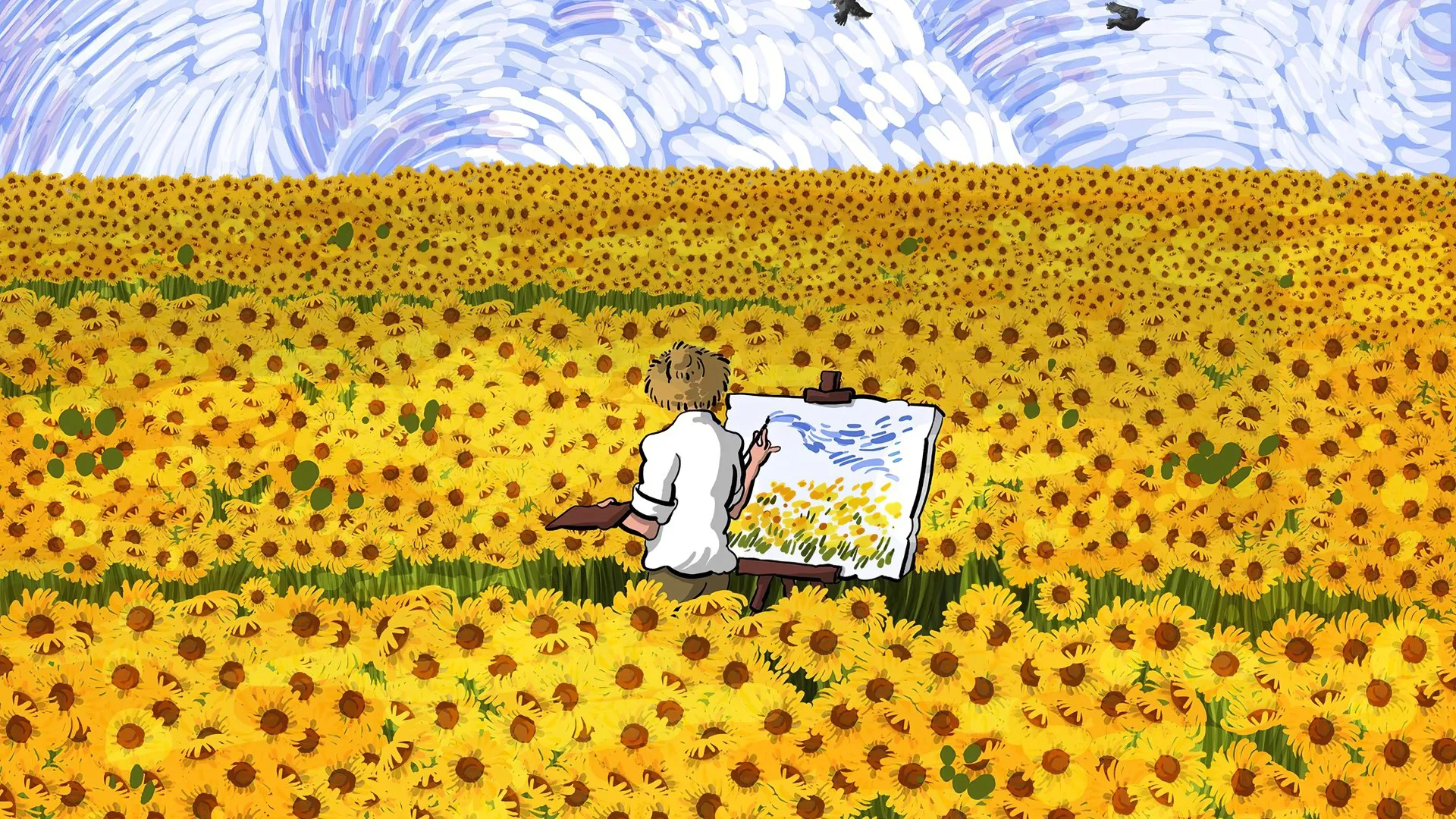 绘画 向日葵 鲜花 鸟类 草帽 后视镜 田野 电脑壁纸 4K壁纸
