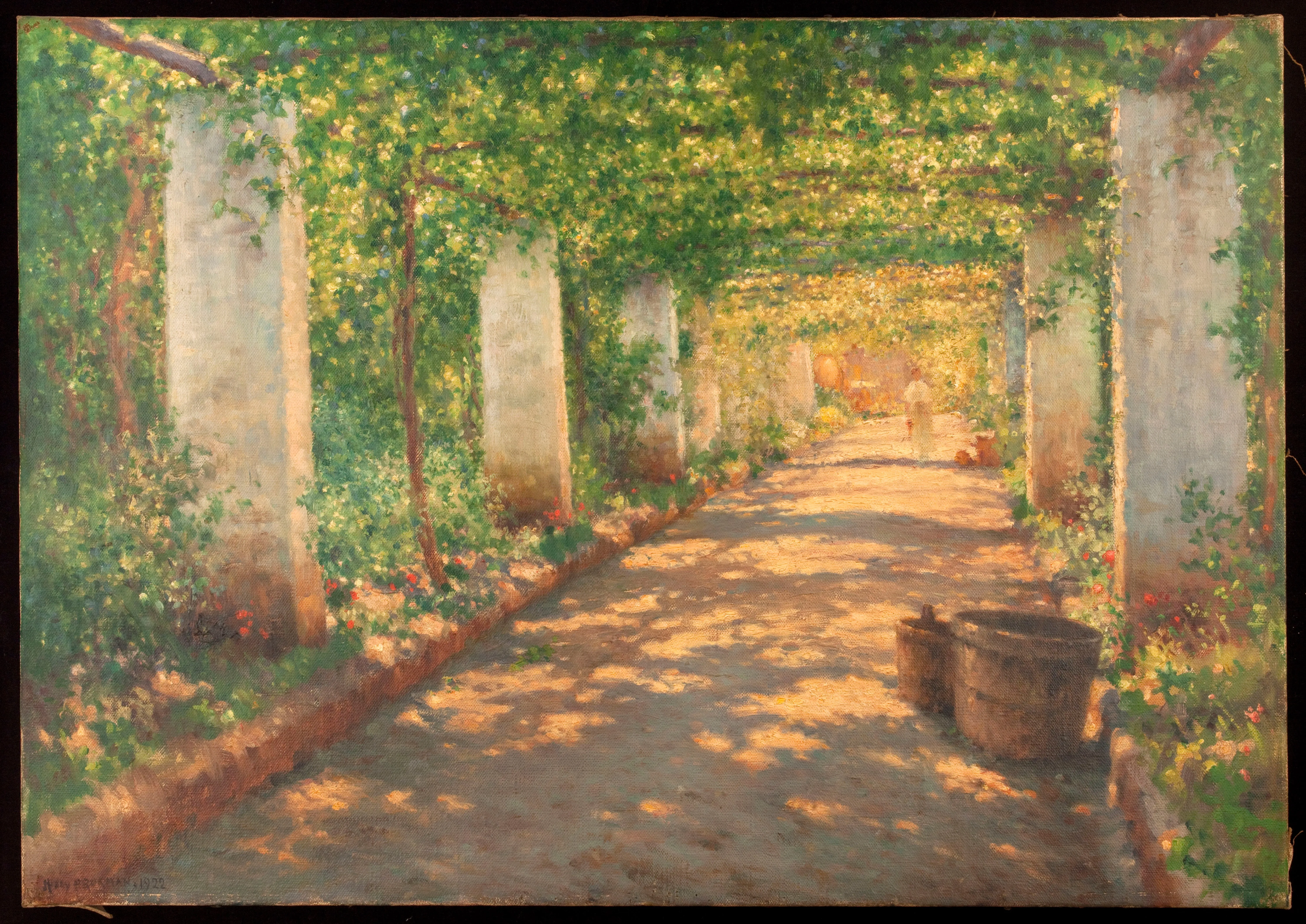 妇女 绘画 印象派 花园 葡萄园 凉棚 自然 植物 建筑 阳光 鲜花 树叶 柱子 道路 画笔 4K壁纸