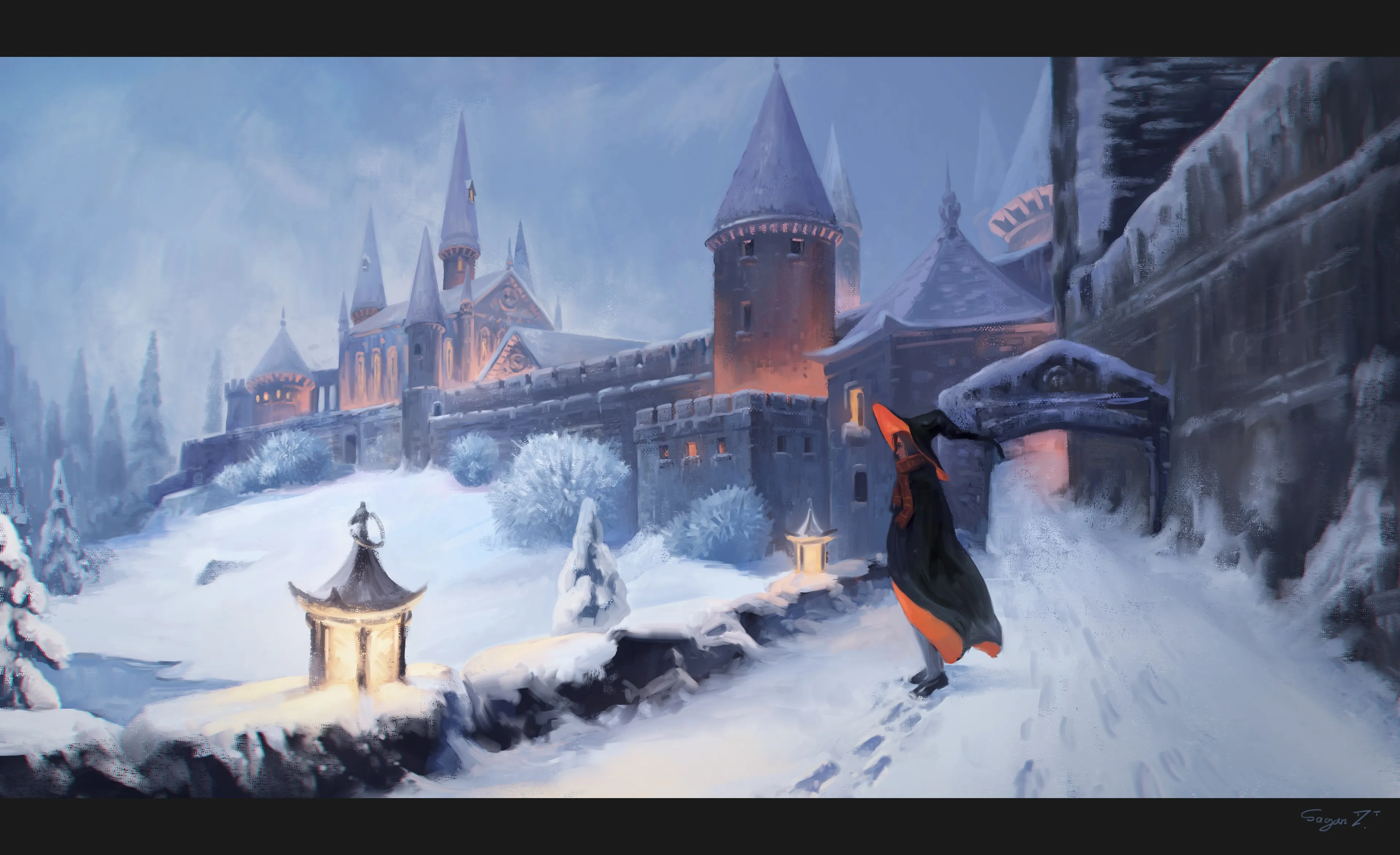 女人 女孩 妇女 插图 城堡 雪 冬天 4K壁纸