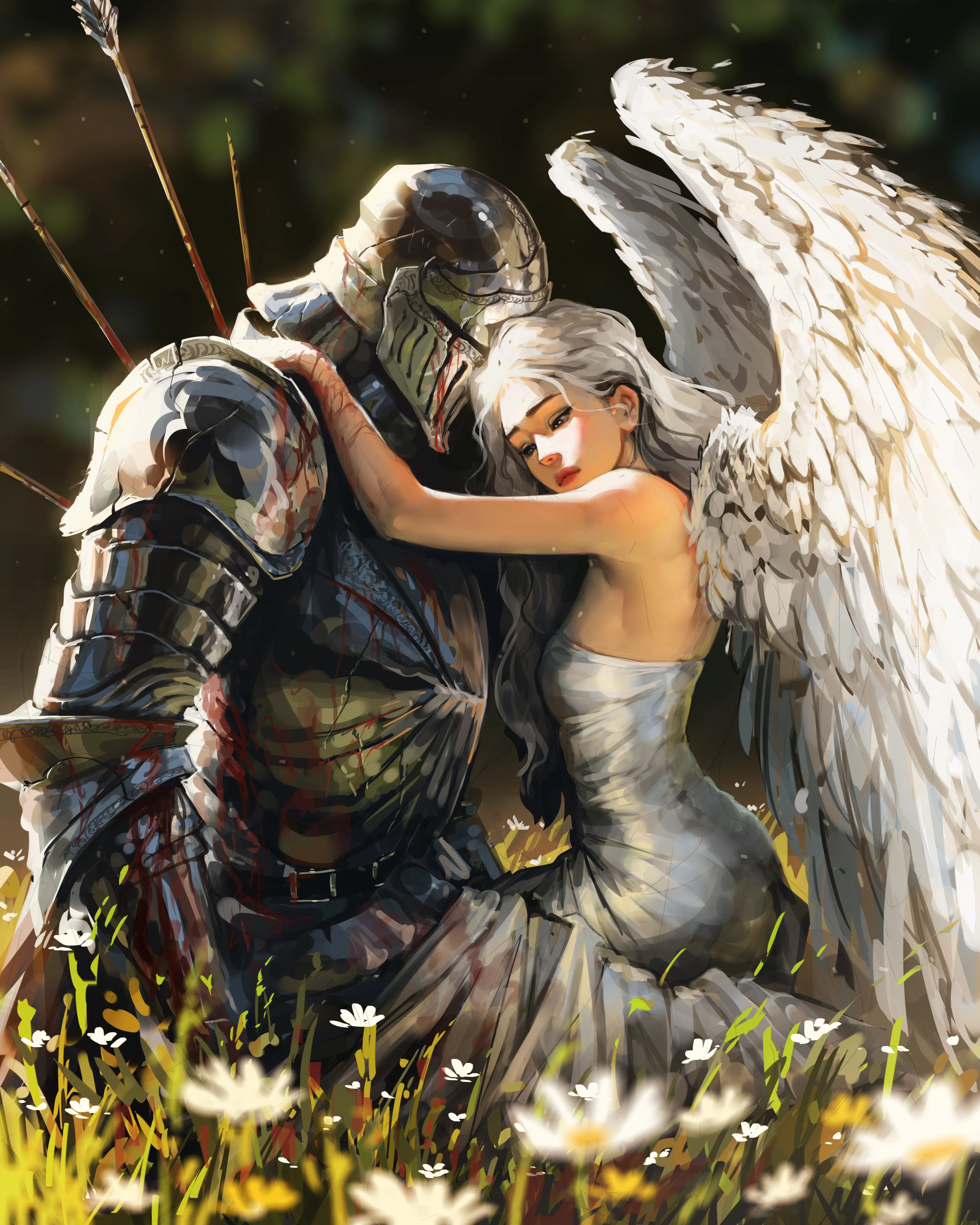 夫妇 骑士 拥抱 女人 长发 白发 坐着 插图 天使 翅膀 植物 鲜花 盔甲 白色连衣裙 阳光 手机壁纸 4K壁纸
