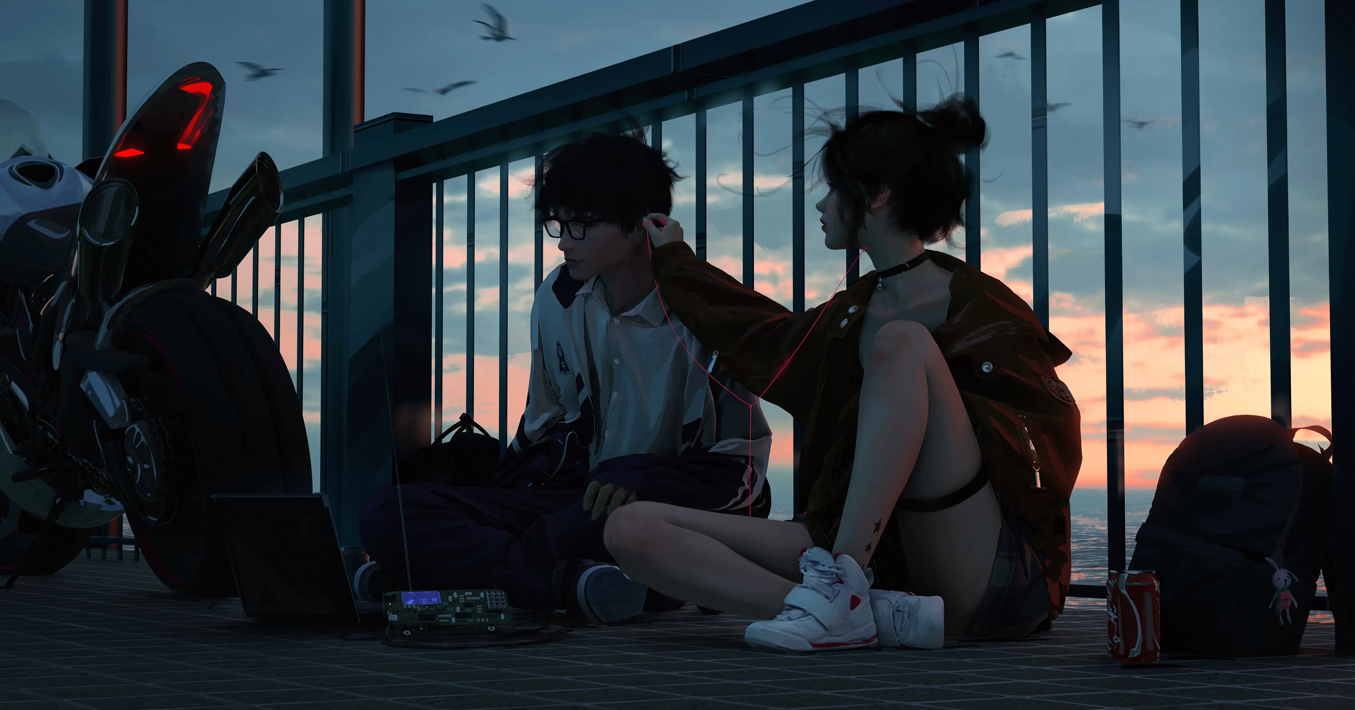 情侣 坐着 女性 长发 黑发 数字 艺术品 插图 数字绘画 男人 云 摩托 车 项链 运动鞋 红色夹克 4K壁纸