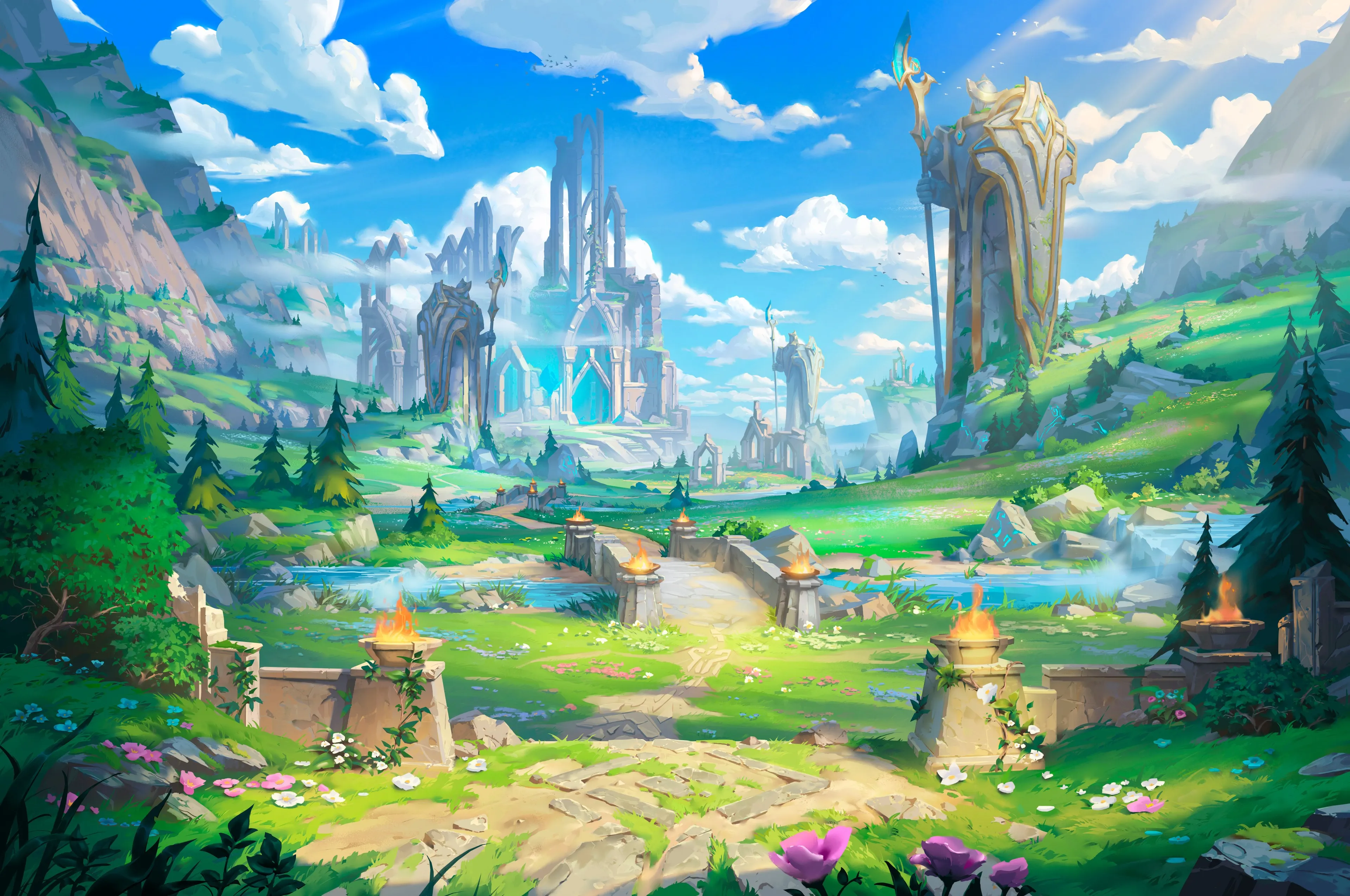 绘画 风景 山脉 盾牌 雕像 奇幻 建筑 4K壁纸