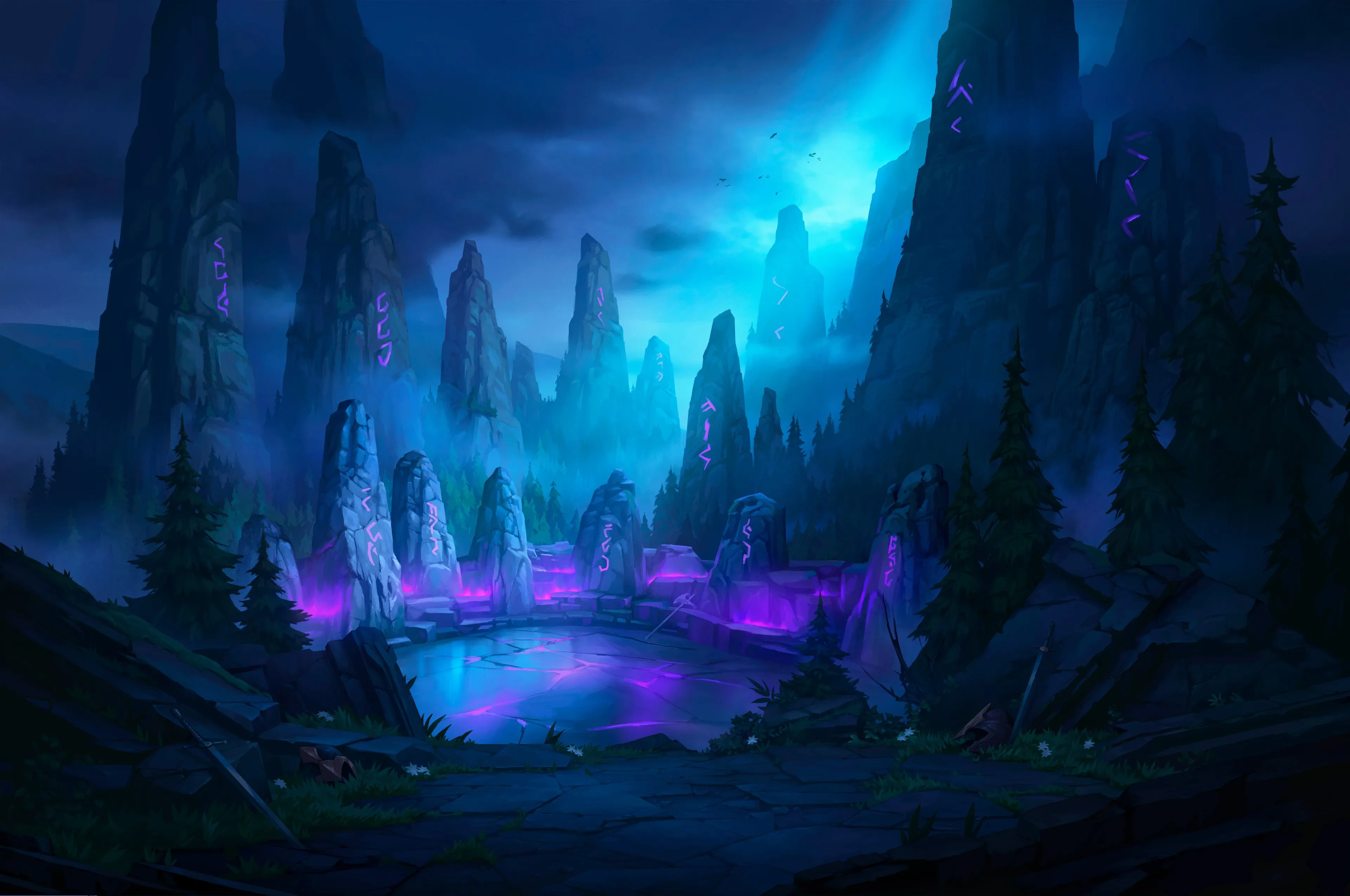 绘画 风景 山脉 黑暗夜 符文 石 森林 4K壁纸