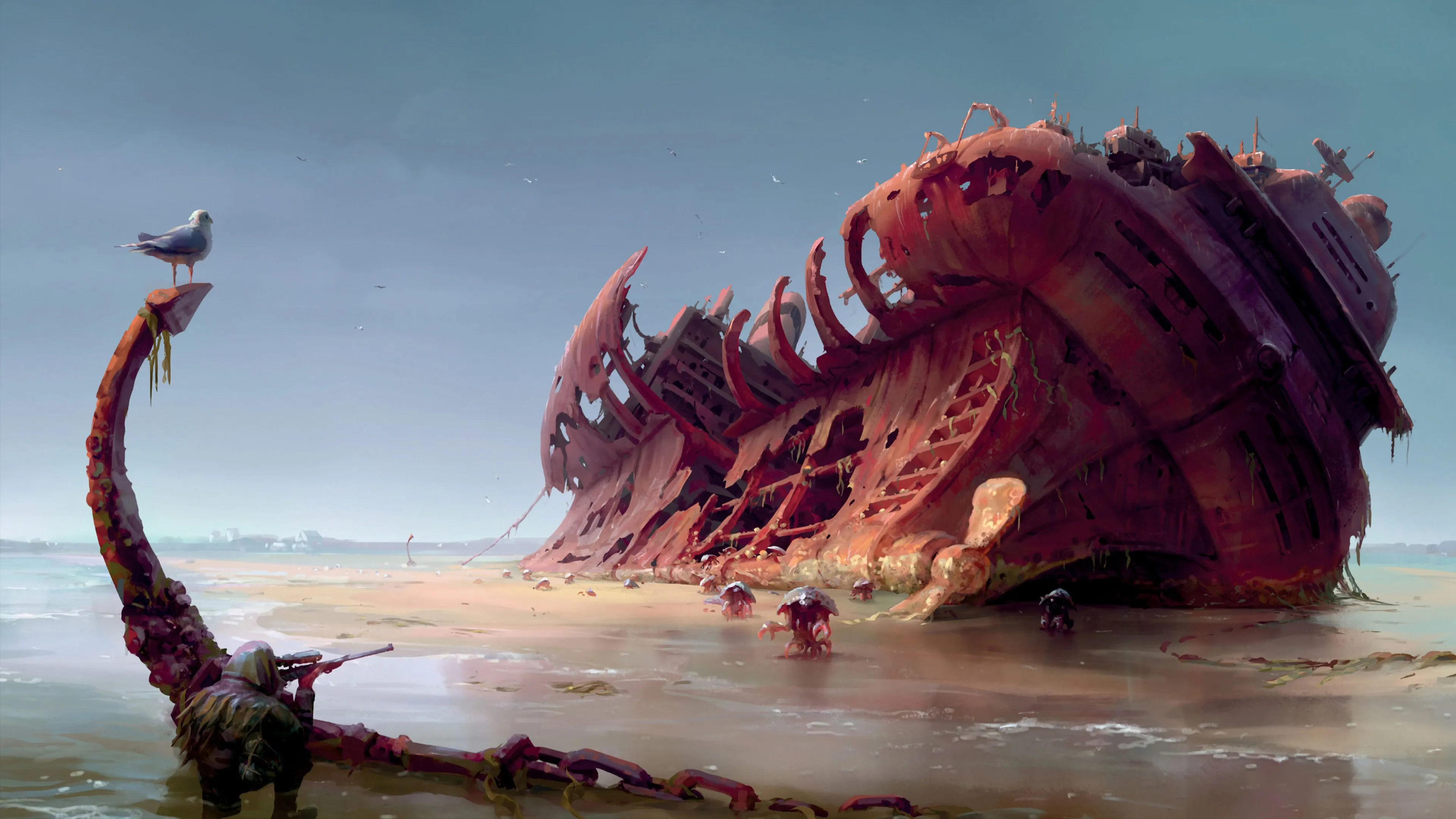 AI艺术 沉船 海洋 鸟类 螃蟹 铁链 枪支 概念艺术 游戏CG 电脑壁纸 4K壁纸