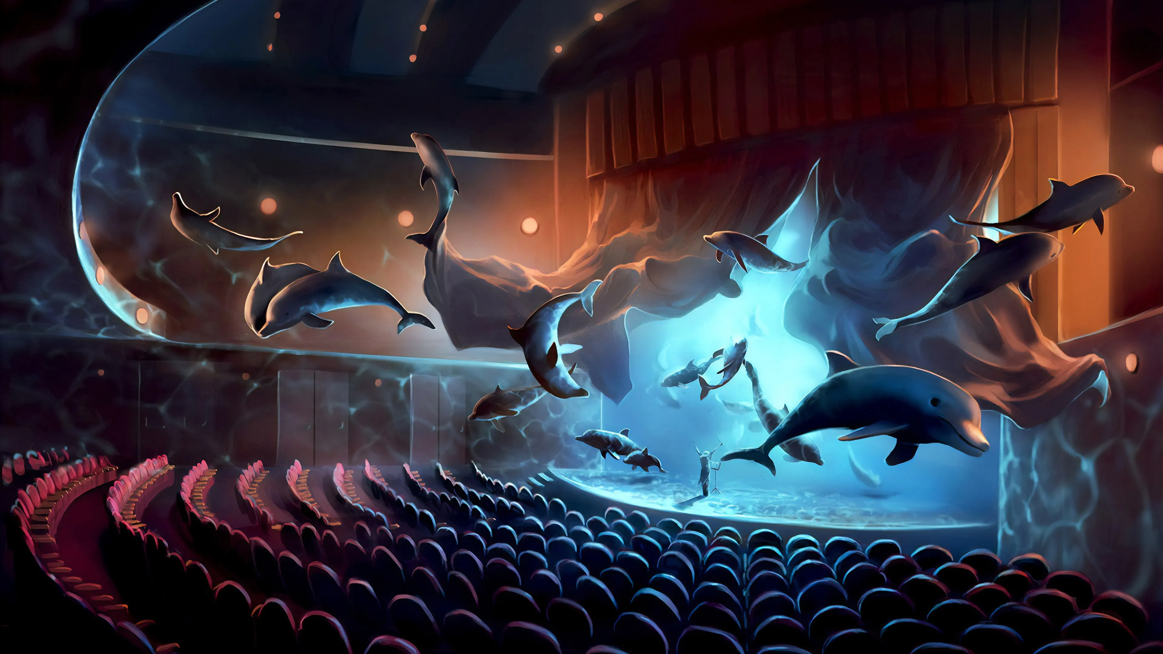 AI艺术 奇幻艺术 素描 绘画 数字绘画 风景 戏剧 灯光 动物 海豚 五颜六色 舞台 舞台灯光 电脑壁纸 4K壁纸