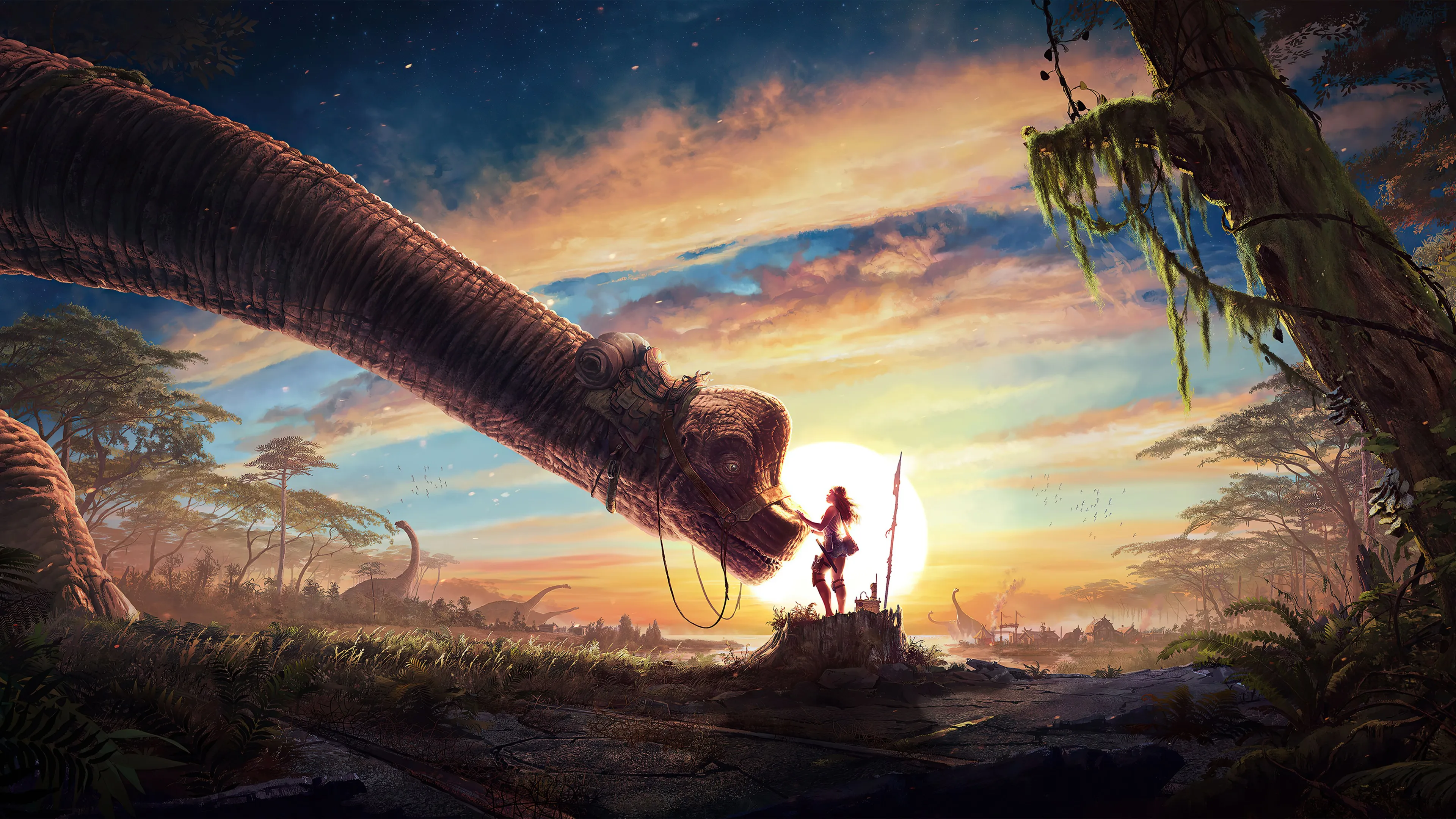 奇幻女孩 恐龙 AI艺术 动物 奇幻艺术 天空 4K壁纸