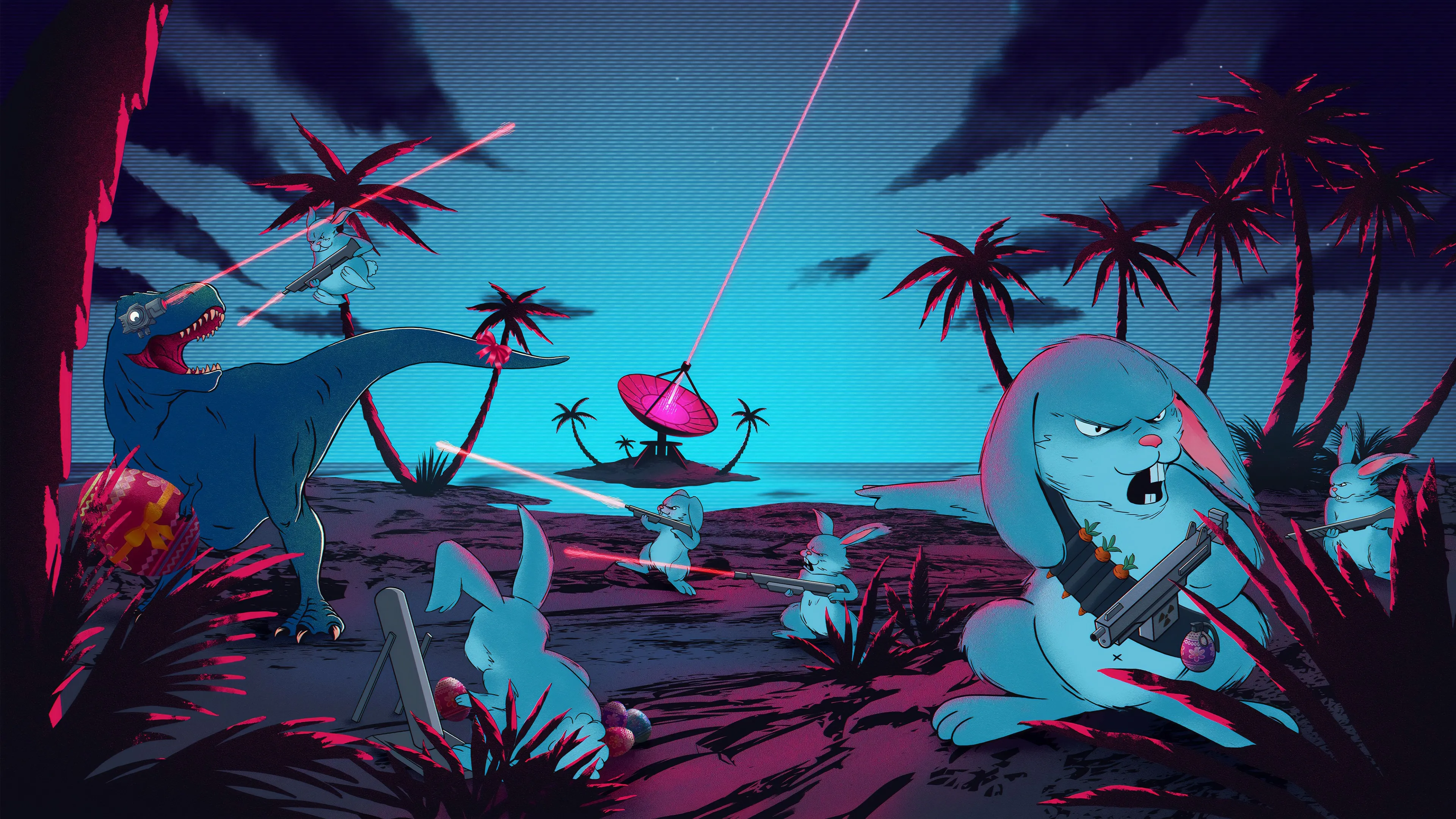 数码艺术 插图 树木 棕榈树 暴龙 兔子 激光 激光眼睛 天线 岛屿 4K壁纸