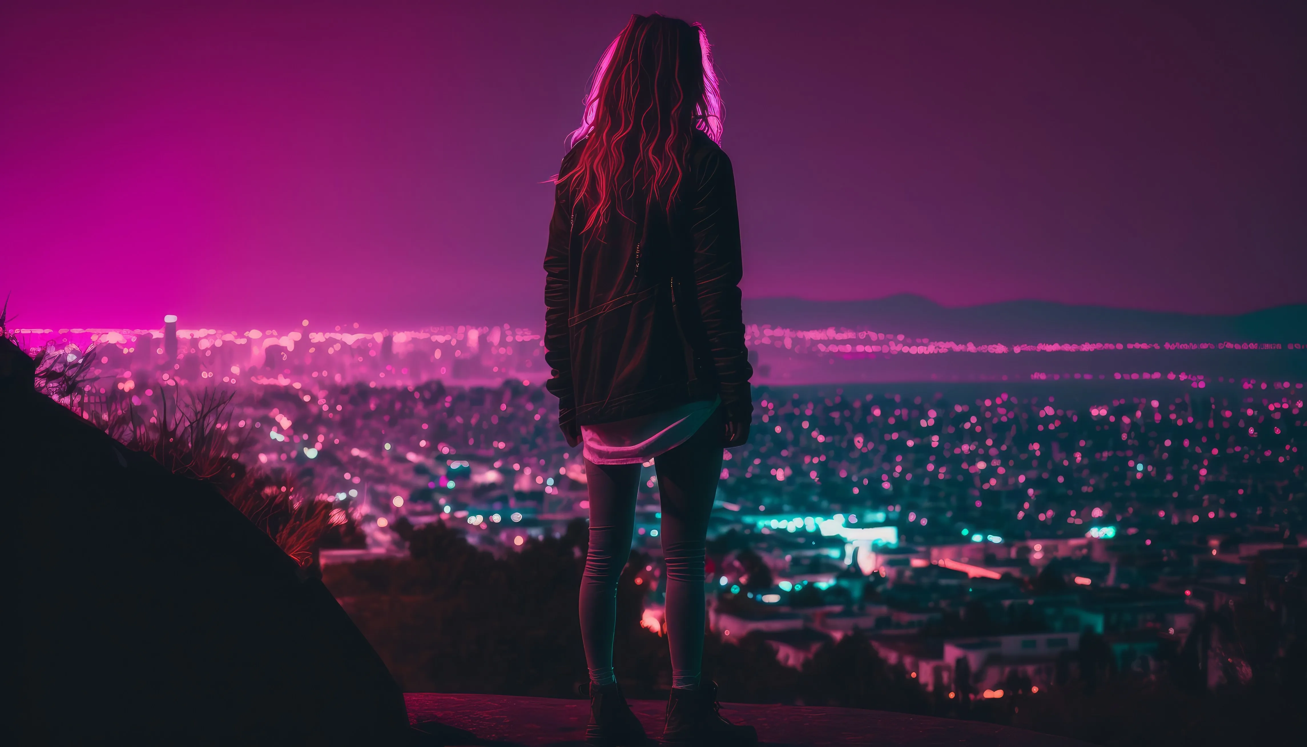 女人 人工智能艺术 城市 天际线 夜晚 城市灯光 粉色 4K壁纸