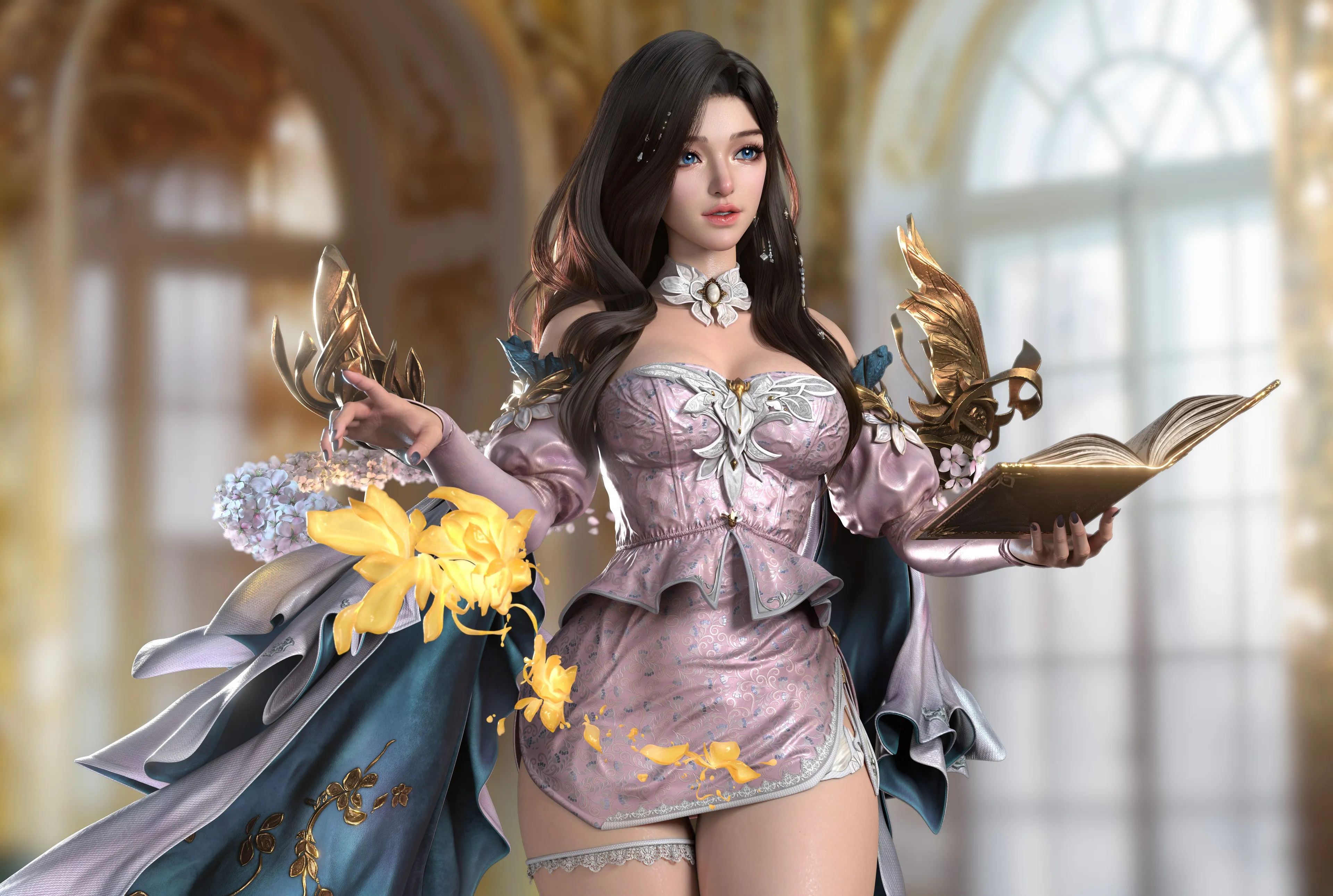 女人 深色头发 长发 人物 书籍 金色 连衣裙 粉色 室内 4K壁纸