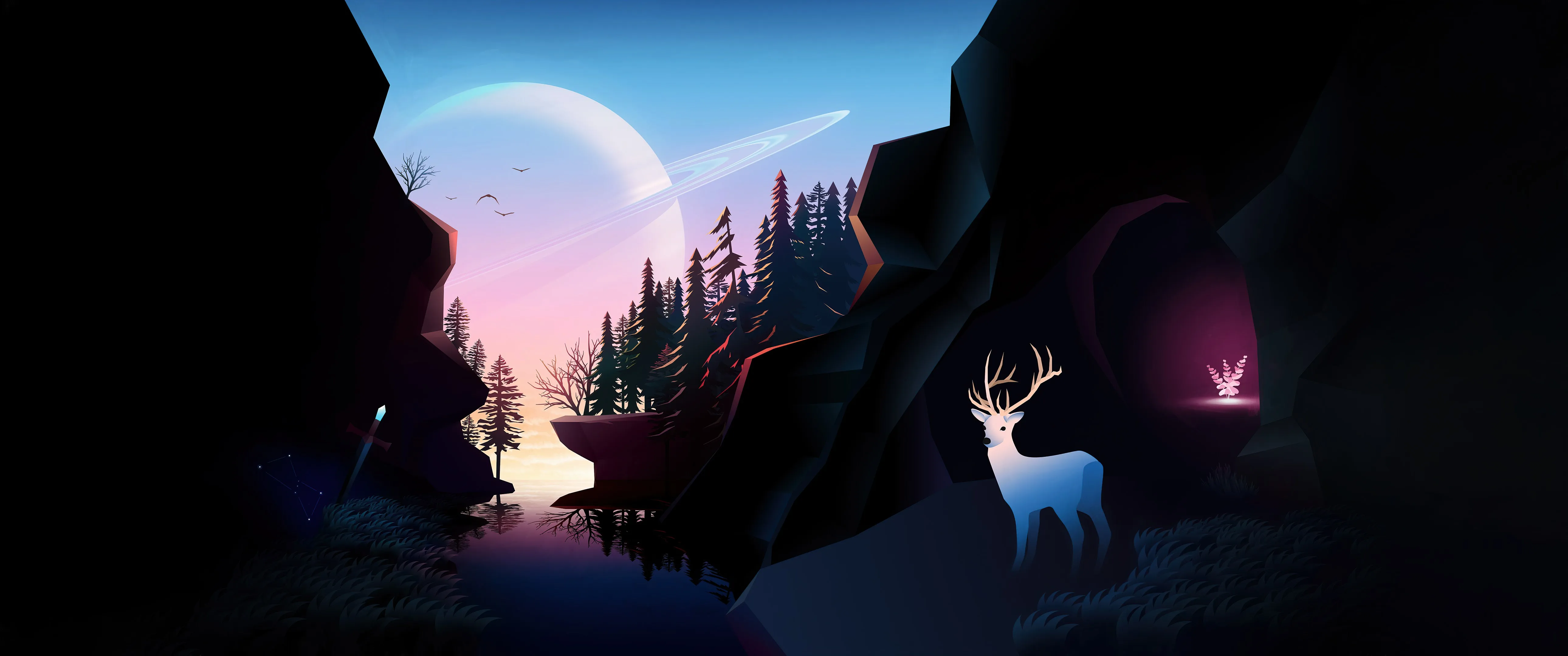 土星 风景 鹿 松树 4K壁纸