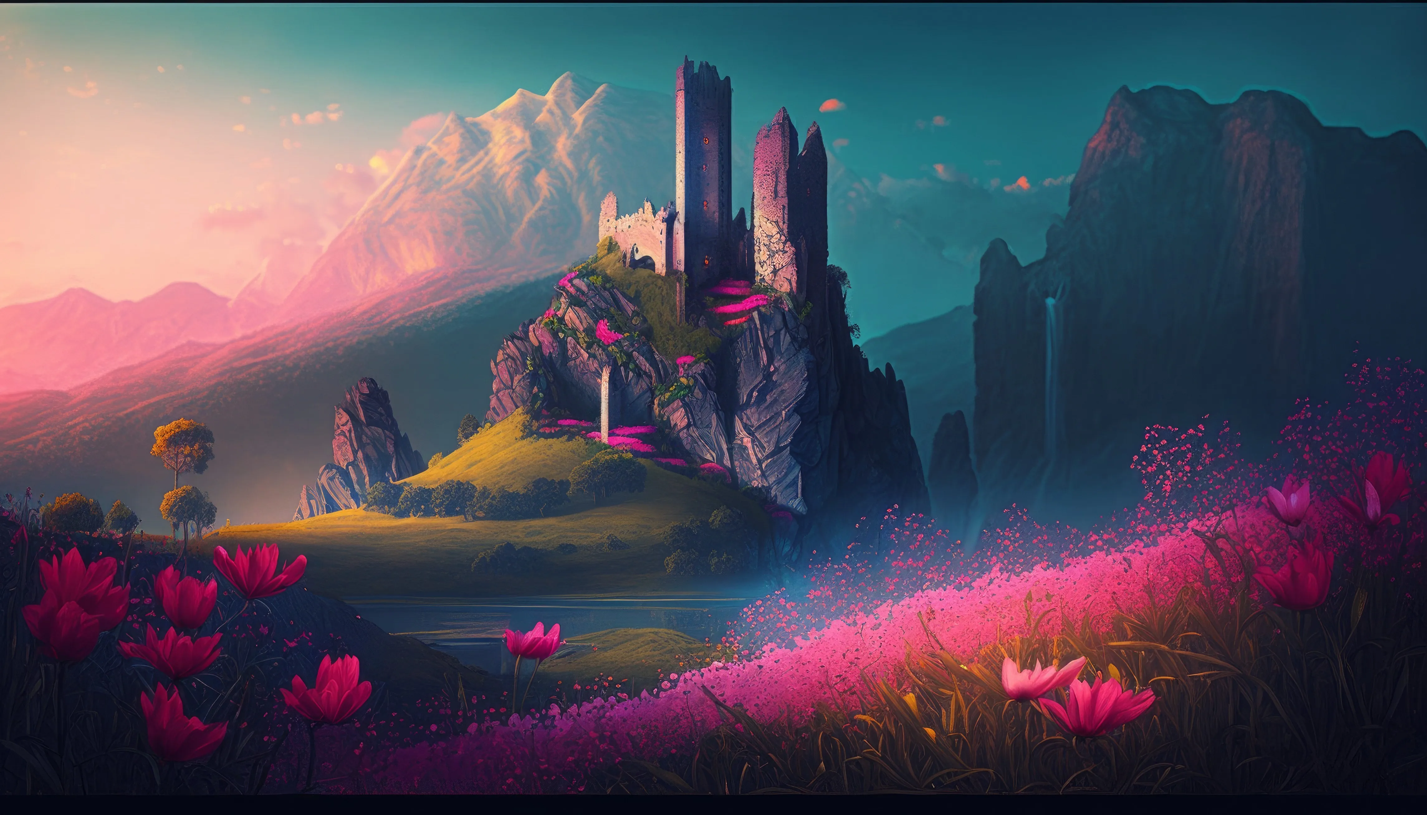 艺术 插图 城堡 花 紫色 草 粉色花 4K壁纸
