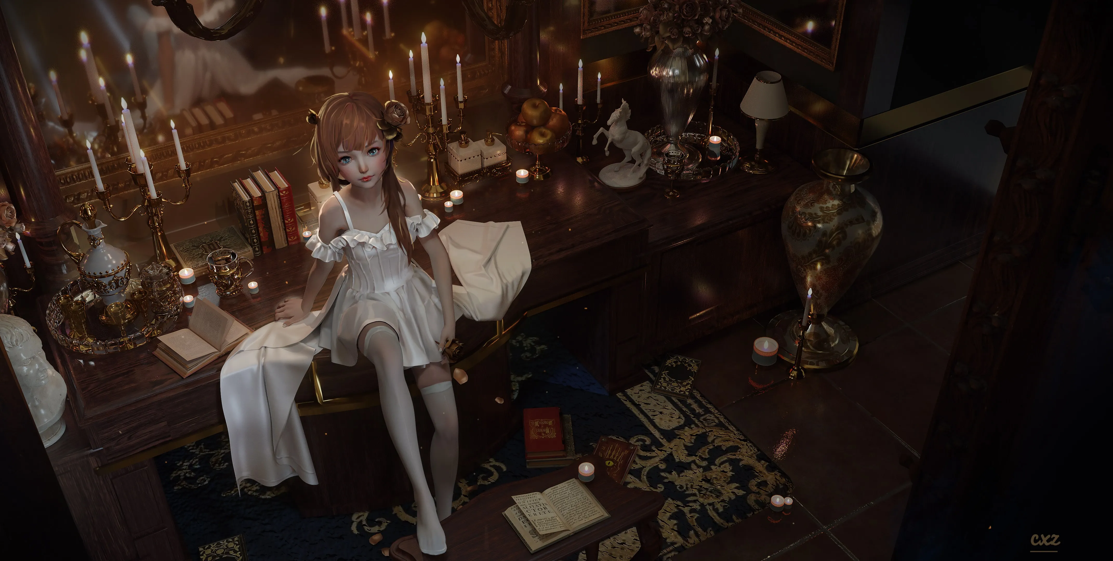 女人 长发 梦幻女孩 书籍 蜡烛 台灯 袜子 AI艺术 4K壁纸