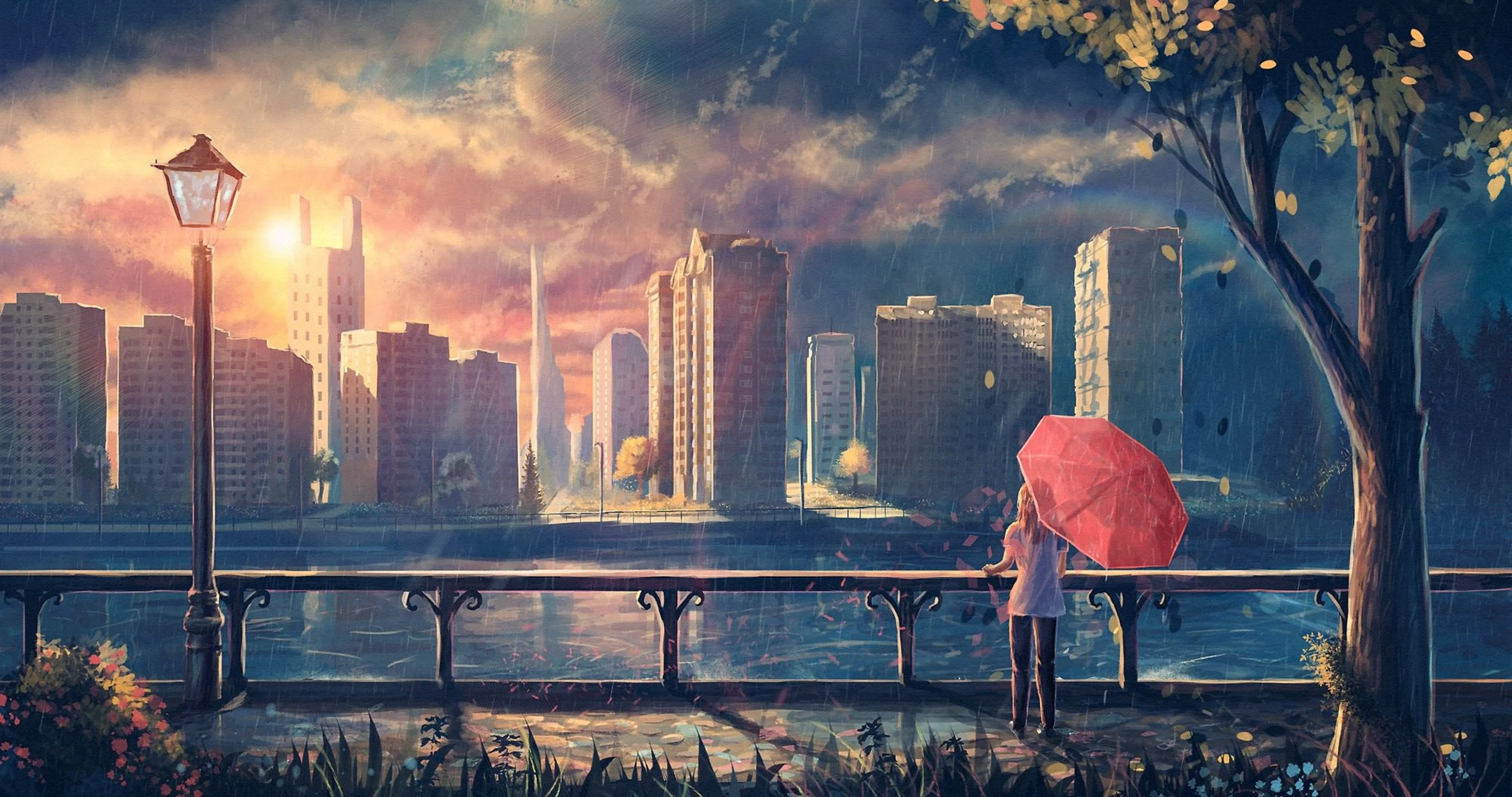 日落 城市 动漫 女孩 城市 风光 雨伞 灯笼 天空 树木 4K壁纸