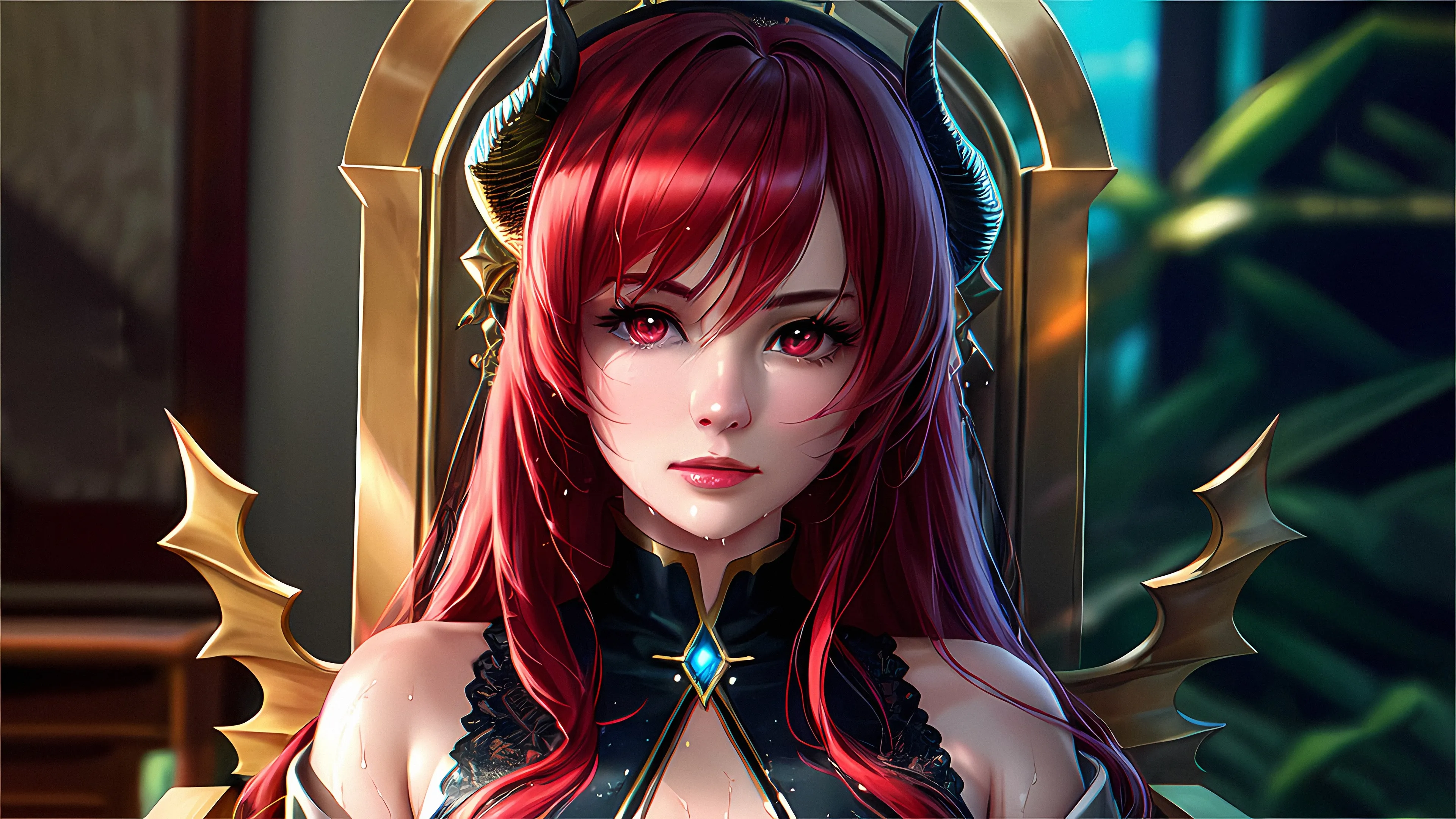女性 龙女 艺术 喇叭 动漫 女人 龙角 王座 4K壁纸