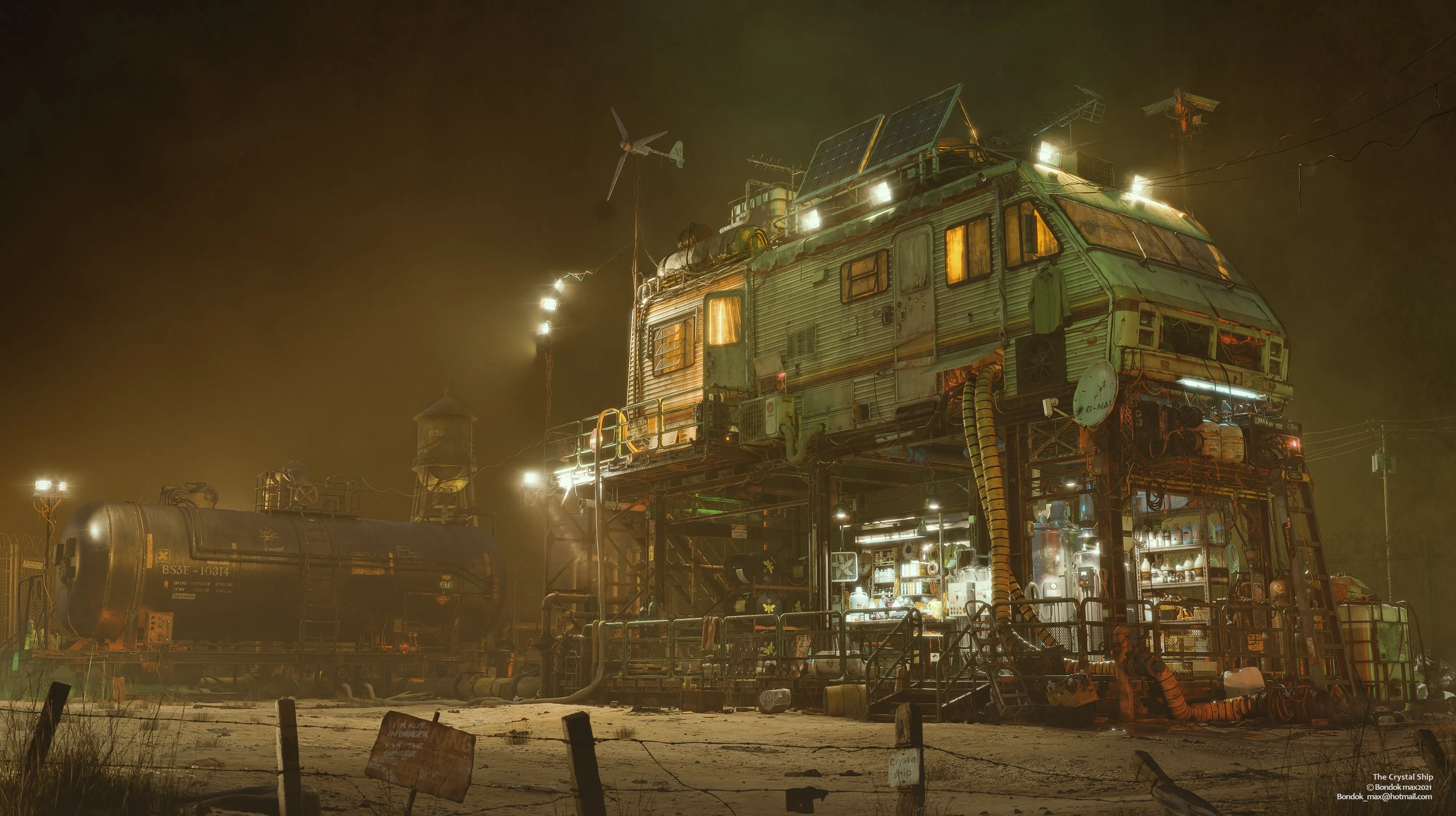 AI艺术 奇幻艺术 奇幻城市 车辆 夜晚 世界末日 管道 电线 货车 桶 4K壁纸