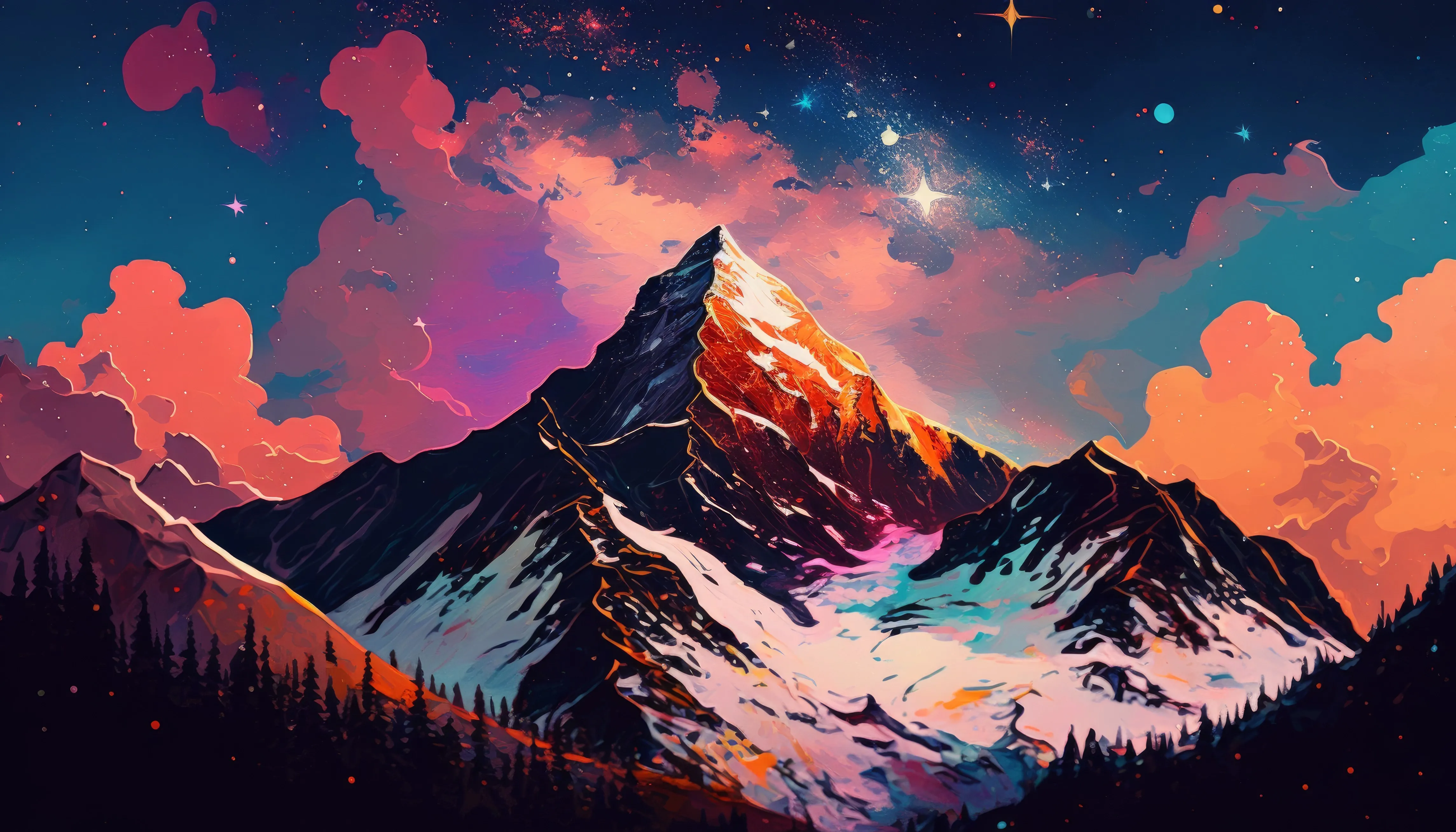 艺术 山 雪 绘画 自然 星星 天空 云 4K壁纸