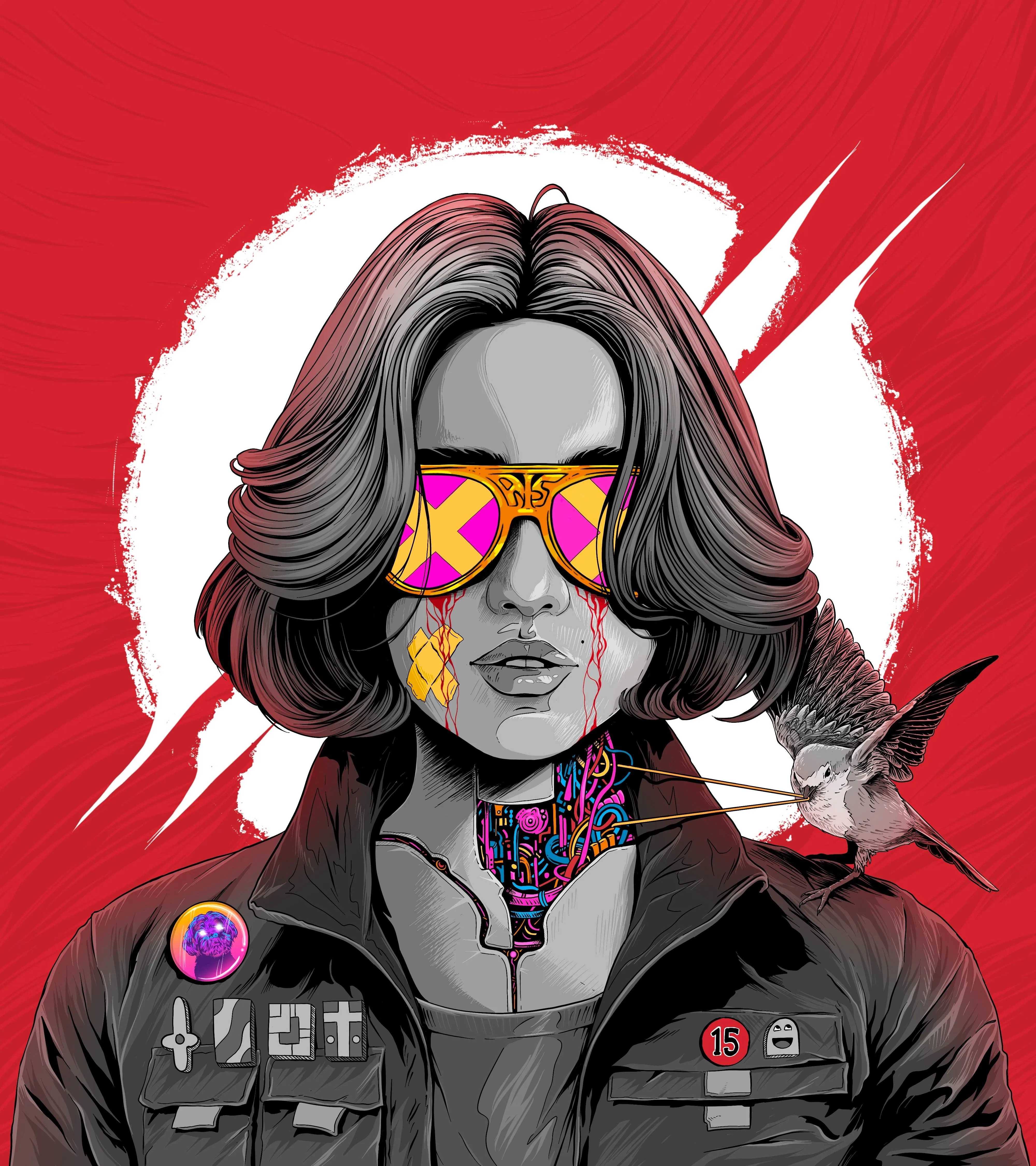 女人 短发 数码艺术 插图 素描 肖像 红色 眼镜 手机壁纸 4K壁纸