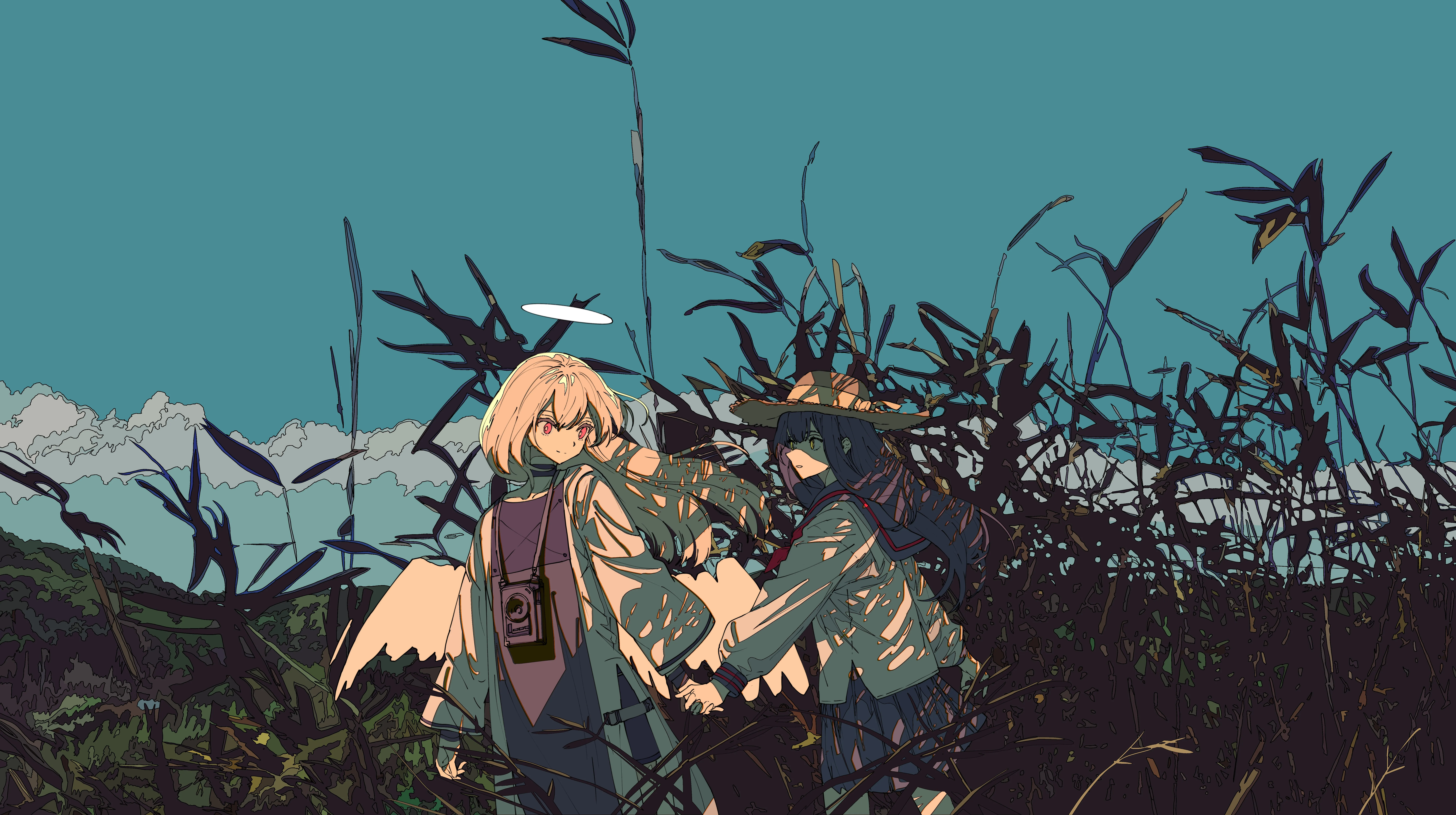 金发 长发 黑发 帽子 天使 翅膀 自然 灵气 8K壁纸