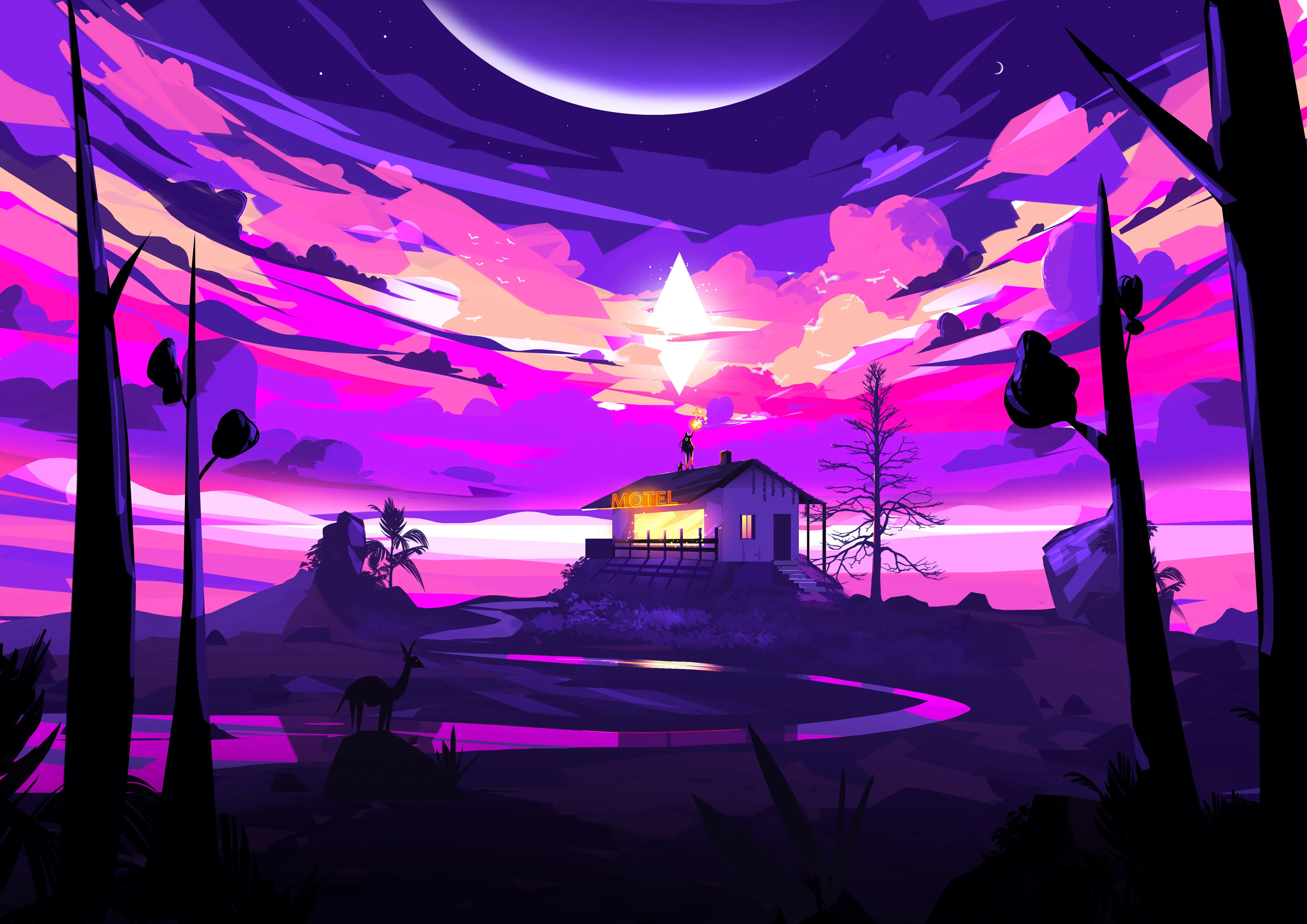 插图 AI艺术 抽象 自然 云 汽车旅馆 森林 夜 夜景 河流 4K壁纸