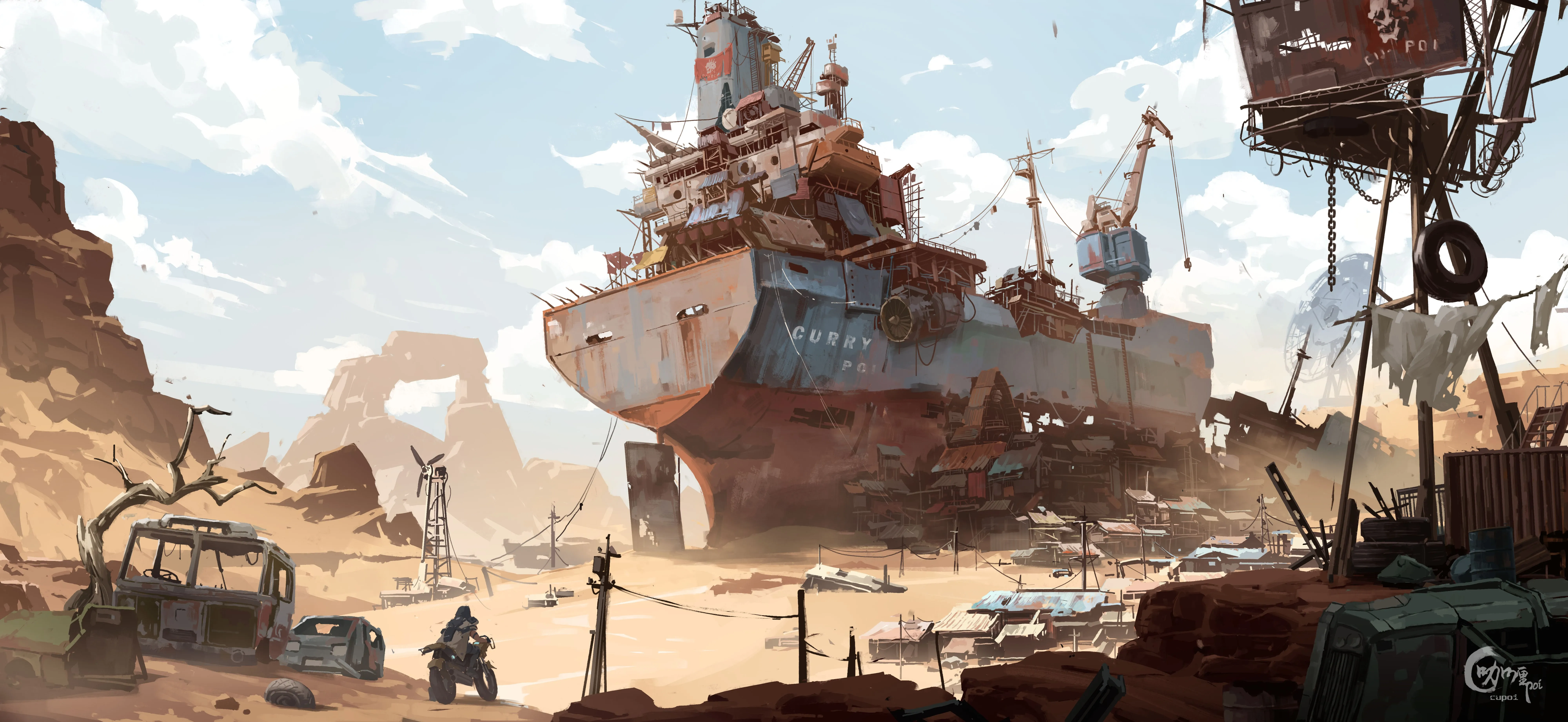 船舶 沙漠 摩托车 云 天空 AI艺术 8K壁纸