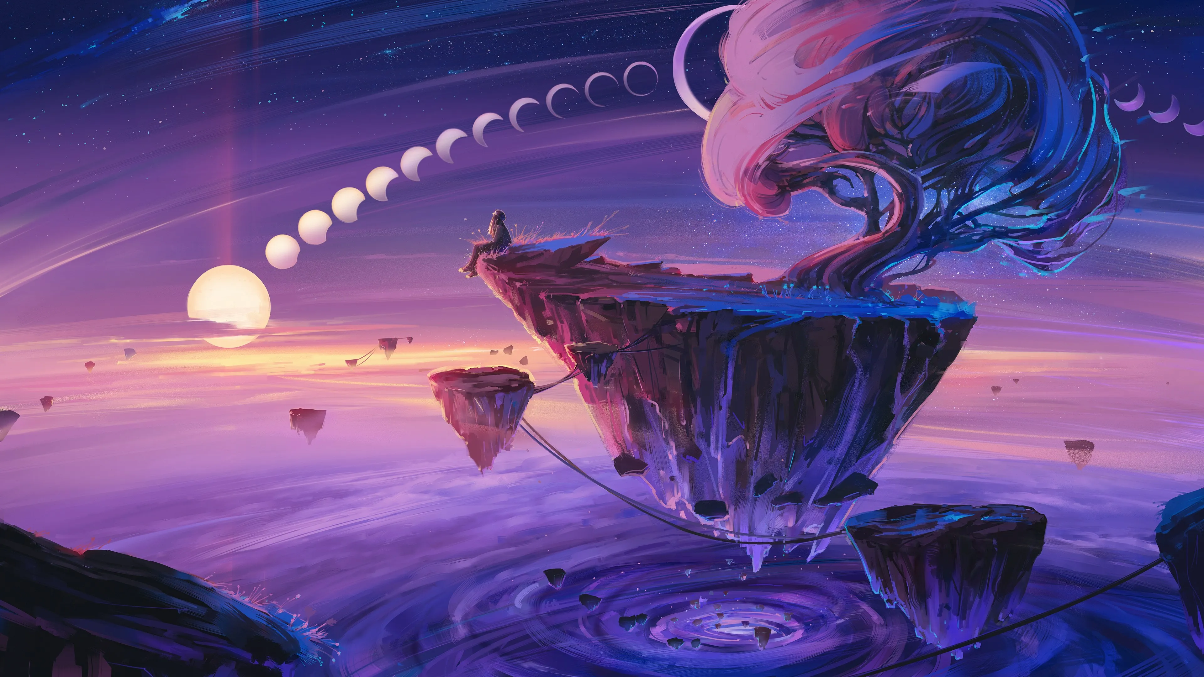 AI艺术 插图 风景 自然 奇幻艺术 漂浮 岛屿 树木 月亮 绘画 4K壁纸